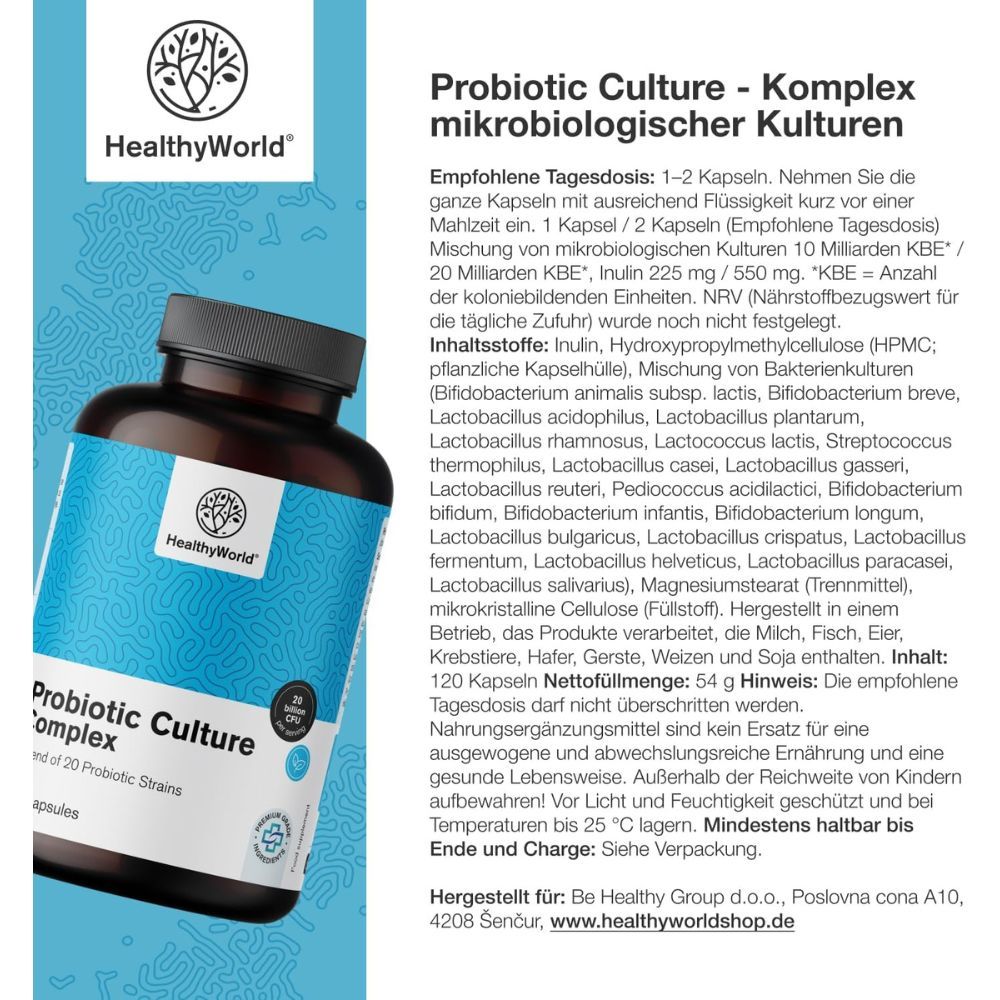 Flasche Probiotic Culture Complex. Text und Inhaltsangaben. 120 Kapseln.