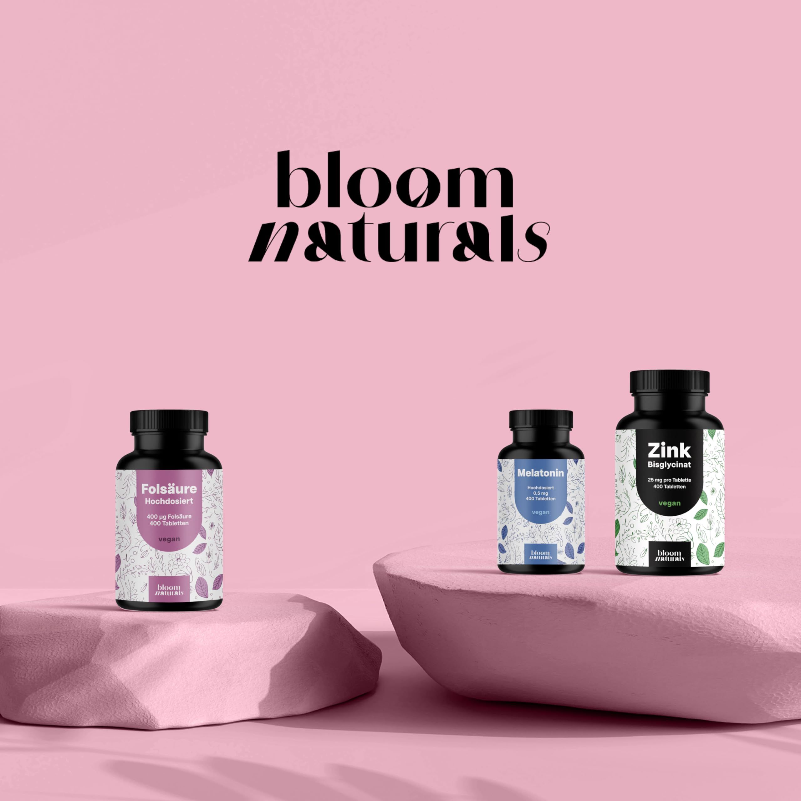Bloom Naturals: Folsäure, Melatonin, Zink. Nahrungsergänzungsmittel in Flaschen.
