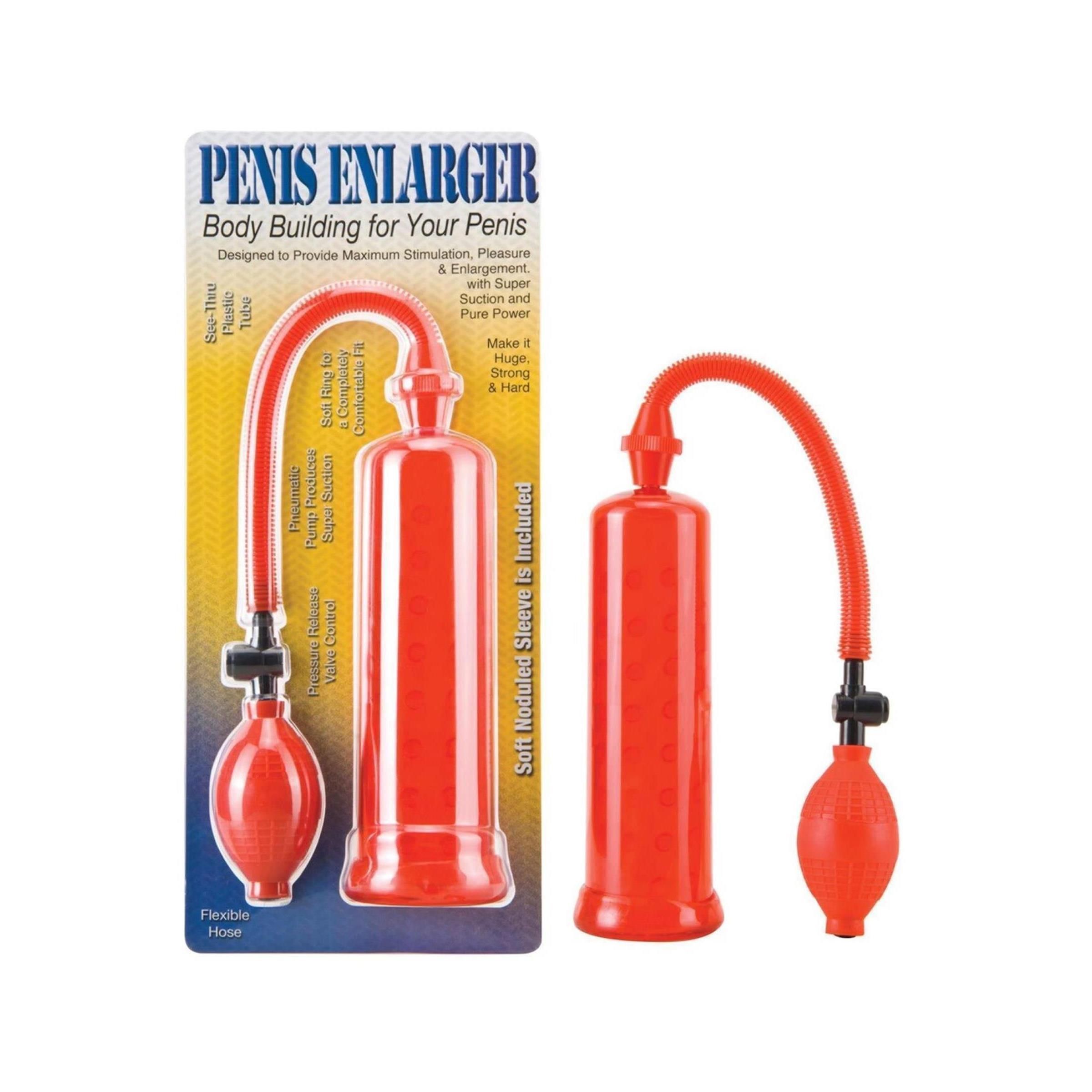 Rote Penis Enlarger Potenzpumpe. Zylinder mit flexibler Schlauch und Pumpe. Auf Verpackung mit Produktname.
