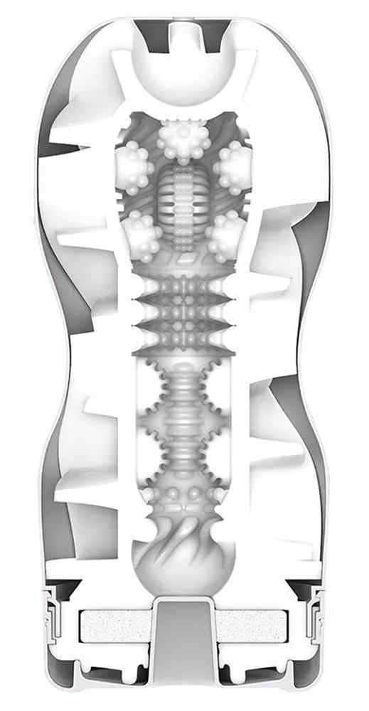 Schnittmodell eines weißen Wellness-Produkts. Innenstruktur mit verschiedenen Texturen und Formen. Gehäuse mit Griffmulden.