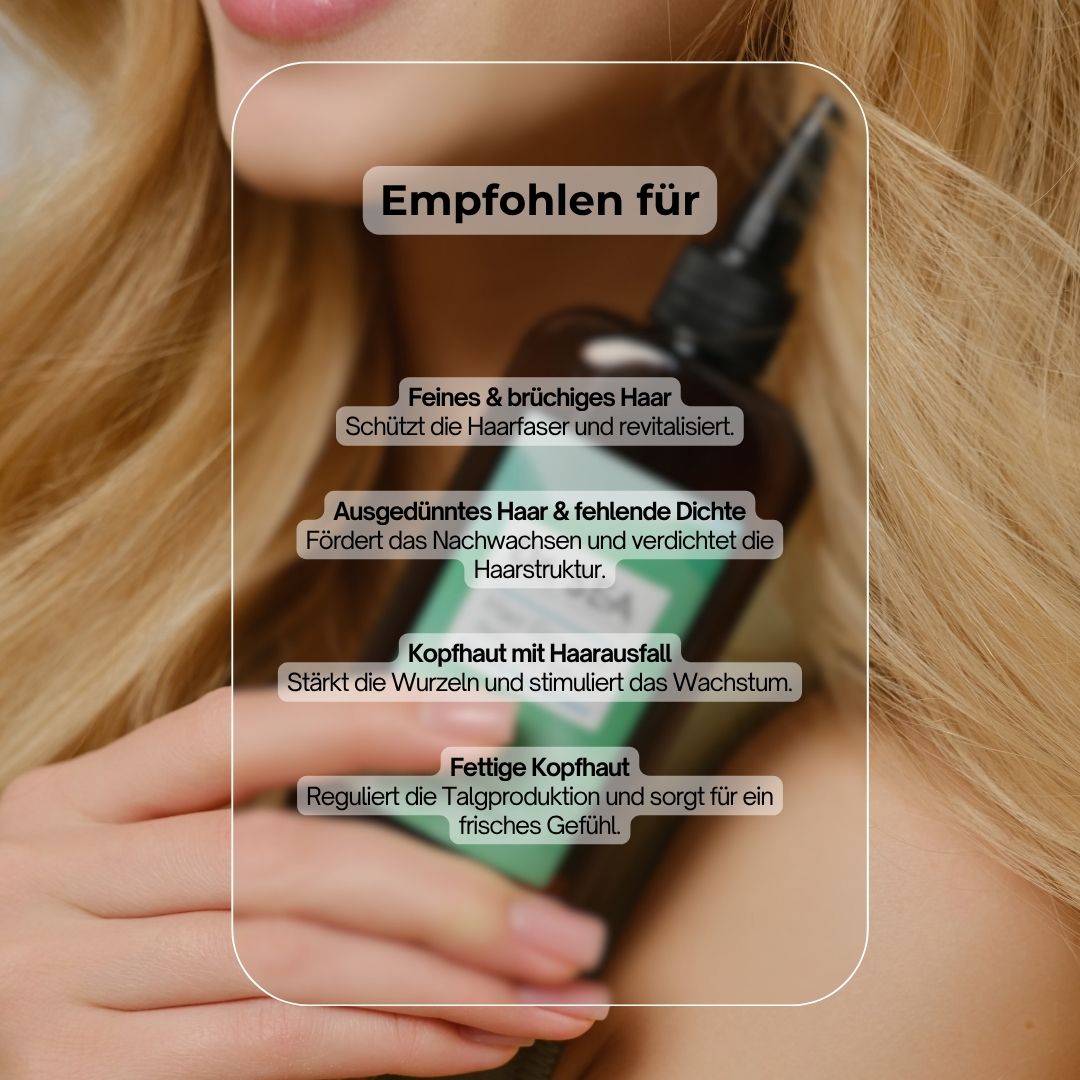 Flasche mit Produktetikett, vor dem Hintergrund einer Frau mit blonden Haaren. Empfohlen für verschiedene Haartypen.