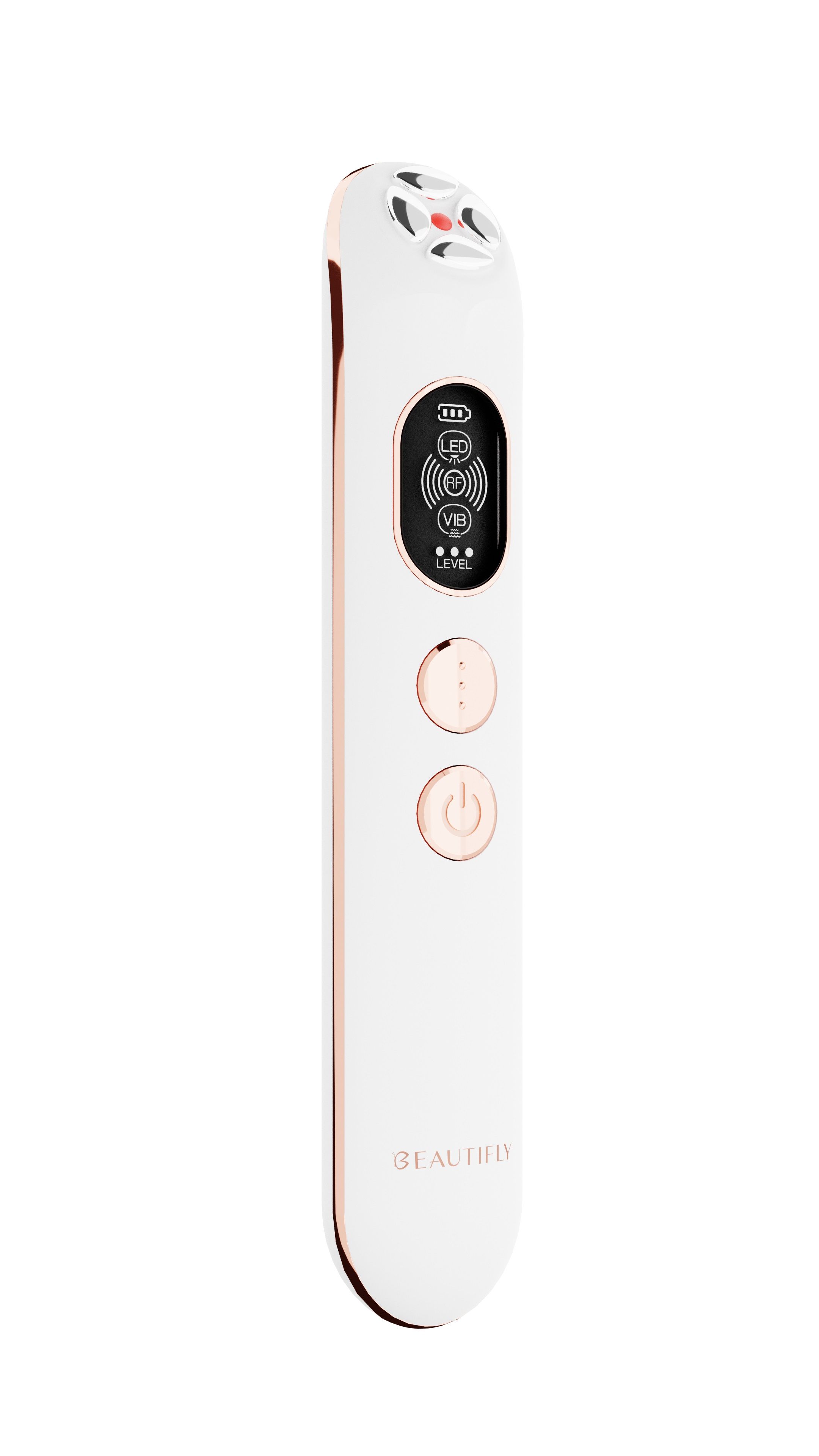 Weißes, längliches Gerät mit roségoldenen Akzenten. Oben vier runde Elemente, darunter ein Display und zwei Knöpfe. Aufschrift: BEAUTIFLY.