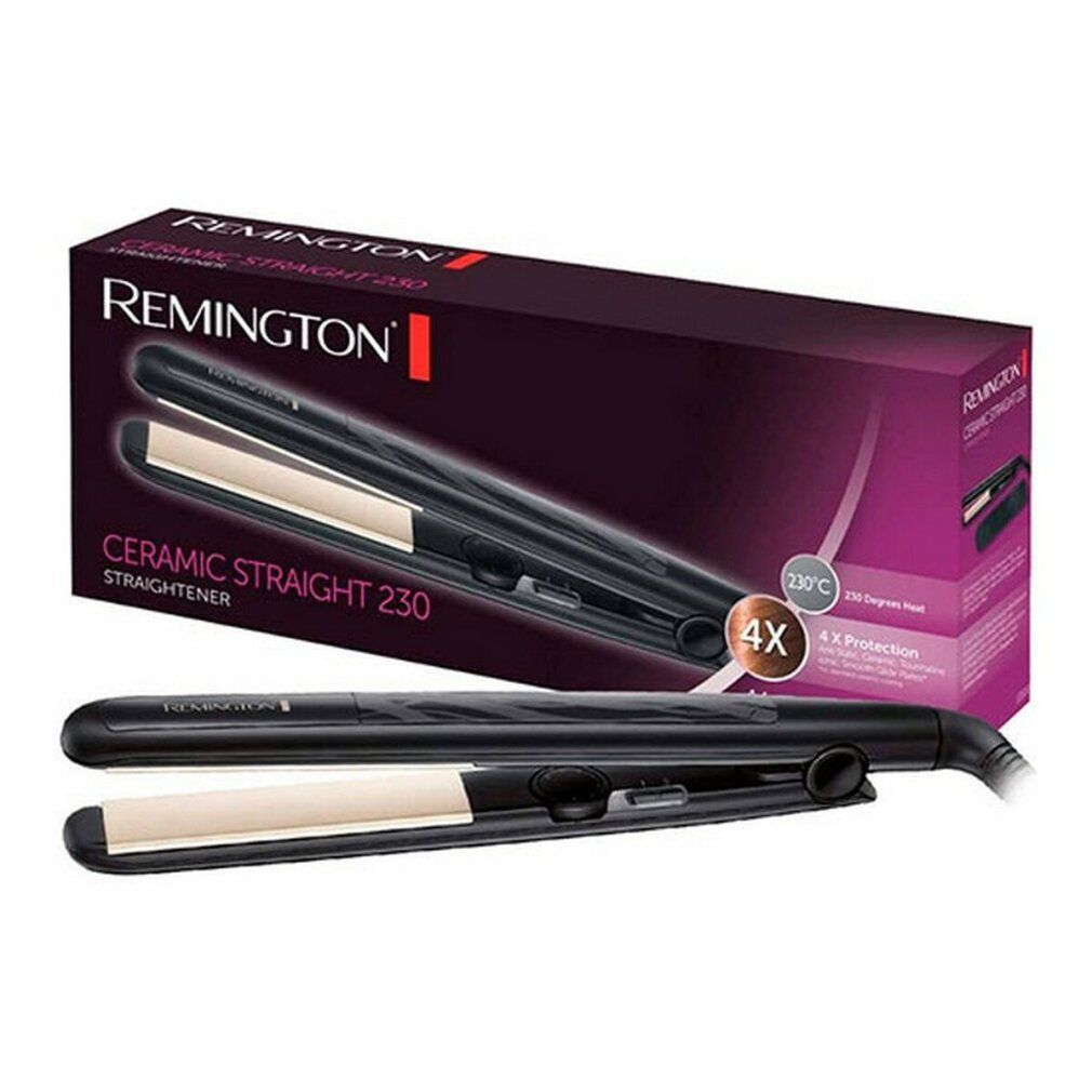 Glätteisen in Verpackung. Marke Remington, Modell Ceramic Straight 230.