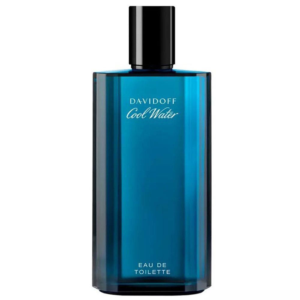 Davidoff Cool Water Eau de Toilette. Blaue Flasche mit schwarzem Deckel. Text: Eau de Toilette.
