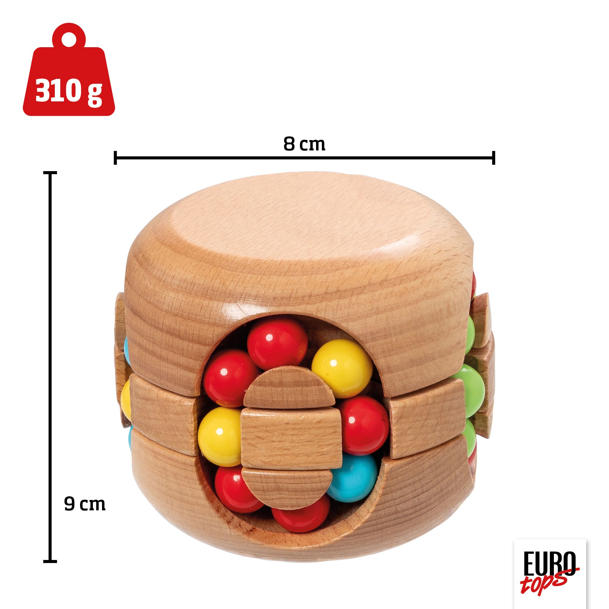 Holz-Kugelspielzeug mit bunten Kugeln in Rot, Grün, Gelb und Blau, in einem Holzwürfel. Maße: 8x9 cm.