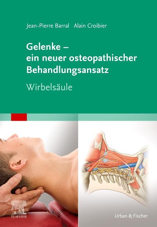Buchcover: "Gelenke – ein neuer osteopathischer Behandlungsansatz". Zeigt eine Halswirbelsäulen-Anatomie und eine Nackenbehandlung.