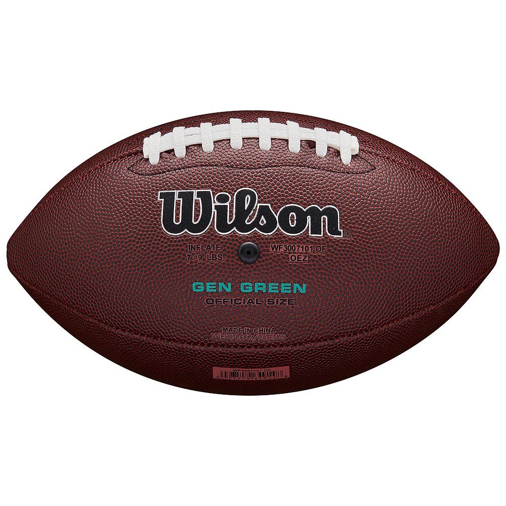 Brauner Football mit weißer Schnürung. Aufschrift "Wilson" und "GEN GREEN OFFICIAL SIZE".