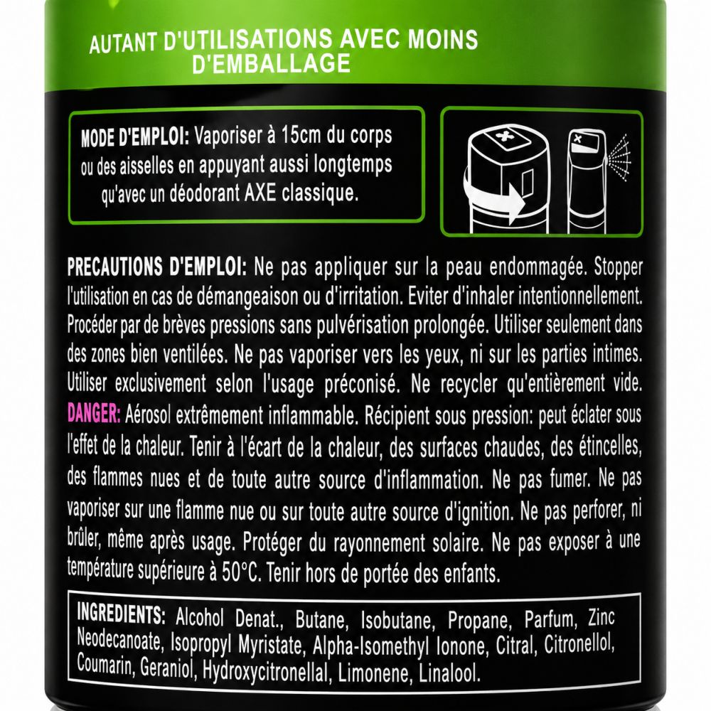 Rückseite einer AXE Deodorantdose mit Anwendungshinweisen und Inhaltsstoffen.