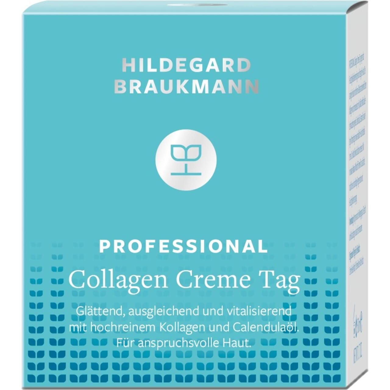Türkisfarbene Schachtel. Aufschrift: Hildegard Braukmann, Professional, Collagen Creme Tag. Text über Inhaltsstoffe.
