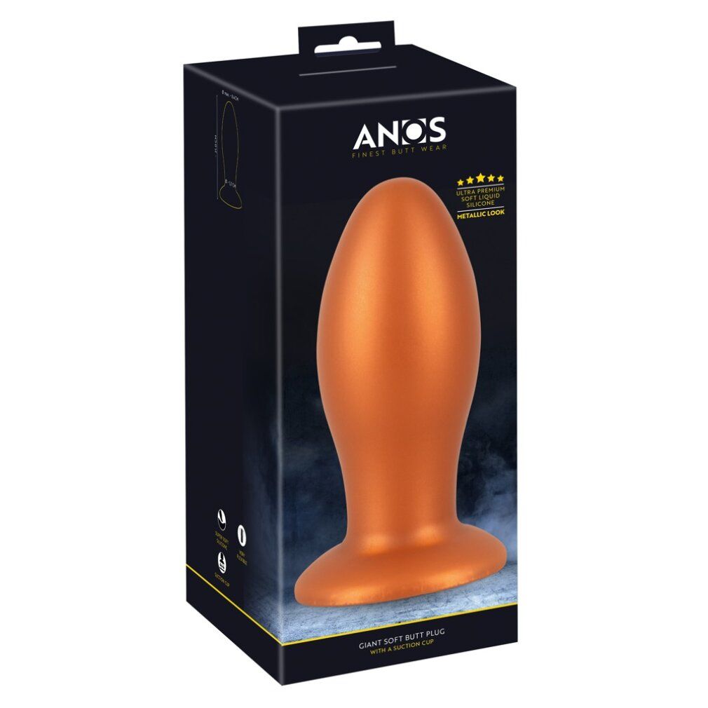 Verpackung eines orangefarbenen Butt Plugs. Schwarzer Karton mit Produktbild und Text: ANOS, METALLIC LOOK.