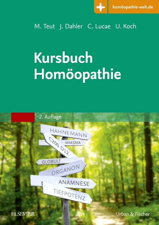 Buchcover: "Kursbuch Homöopathie". Titel in Weiß auf grünem Hintergrund. Im Hintergrund Wegweiser mit Fachbegriffen.