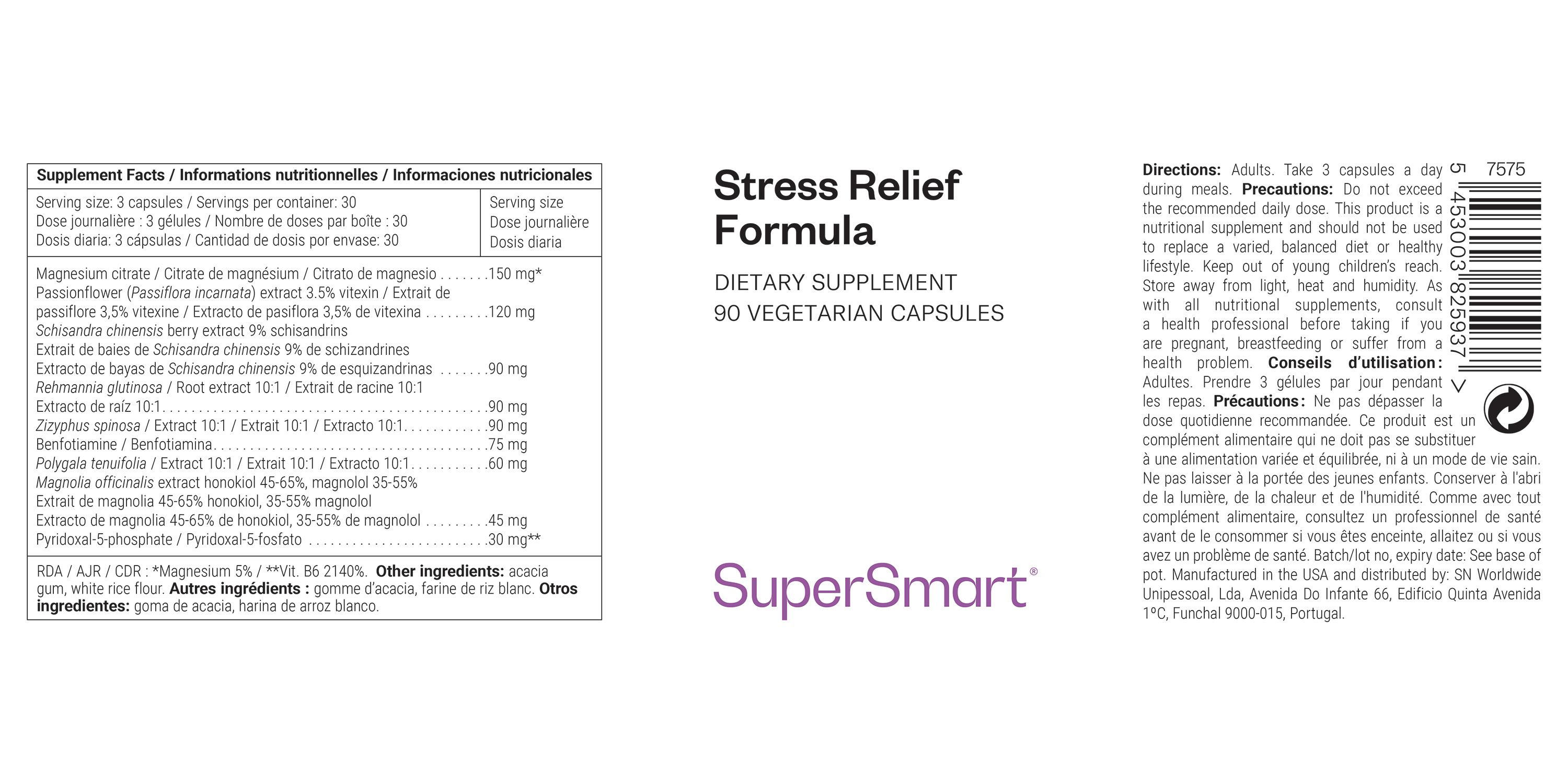 Etikett mit Nährwertangaben und "Stress Relief Formula". Enthält 90 vegetarische Kapseln. Marke: SuperSmart.