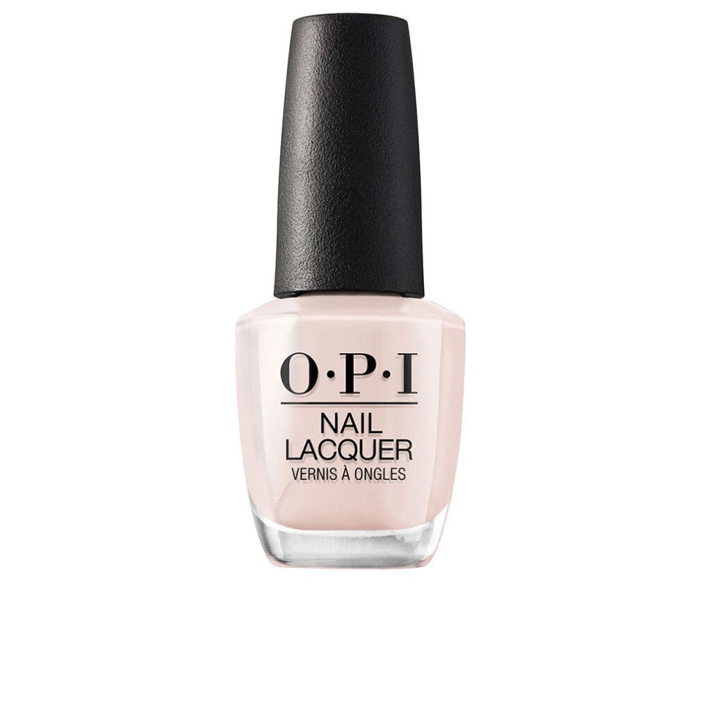 OPI Nagellacke. Flasche mit hellrosa Lack und schwarzem Deckel. Aufschrift: OPI, Nail Lacquer, Vernis à Ongles.