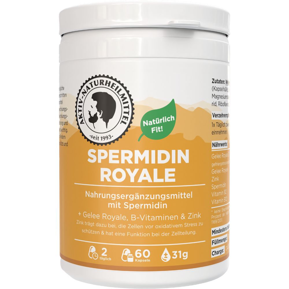 Weißes Nahrungsergänzungsmittel-Behälter mit Aufschrift 'SPERMIDIN ROYALE'. Enthält 60 Kapseln. Mit Logo und 'Natürlich Fit!'