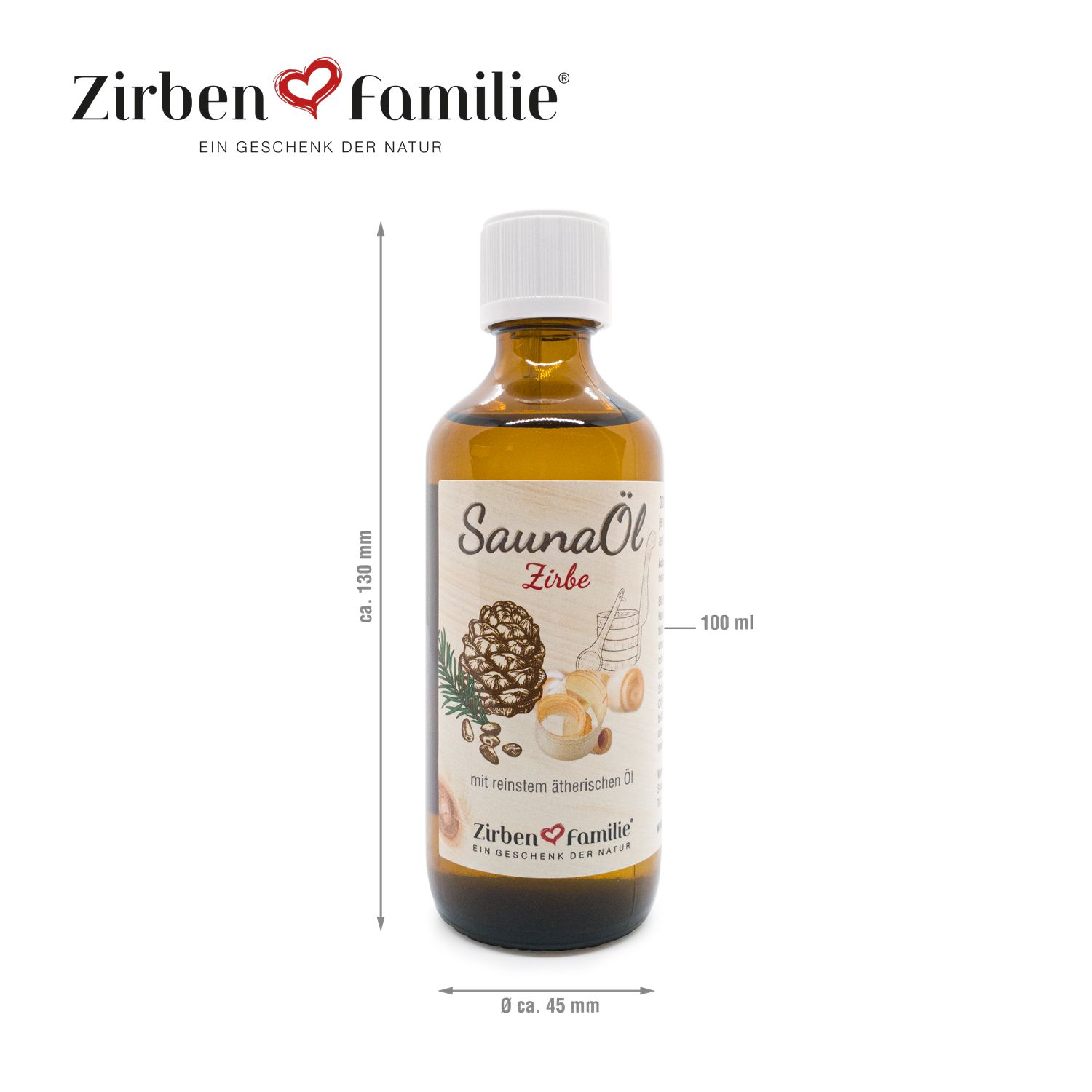 Braune Glasflasche mit weißem Deckel. Etikett mit SaunaÖl Zirbe. Maße: ca. 130 mm hoch, 45 mm breit. 100 ml.