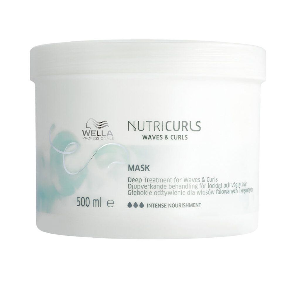 Weißer Tiegel Wella Nutricurls Maske. Aufschrift: Nutricurls Waves & Curls, Mask, 500 ml. Blaue Wellen-Grafik.