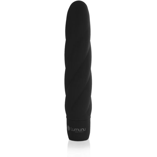 Schwarzer Silikon-Vibrator mit gedrehter Form. Am unteren Ende ist der Markenname Lumunu zu sehen.