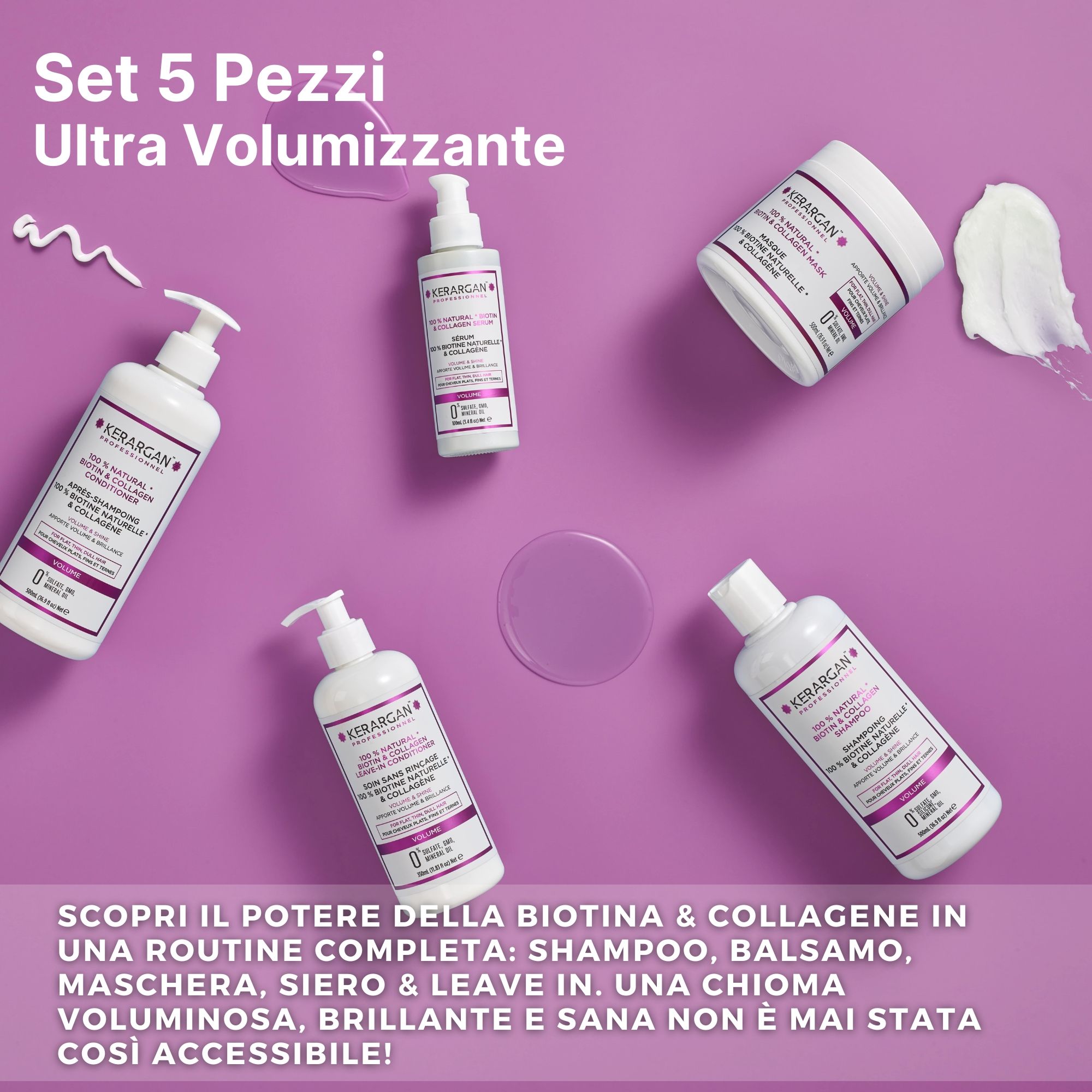 Set Kerargan per capelli in cinque pezzi. Flaconi e vasi su sfondo viola. Testo: Biotina e Collagene.