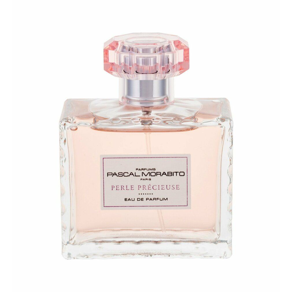 Quadratischer Glasflakon mit rosa Flüssigkeit. Aufkleber mit Text: Pascal Morabito, Perle Precieuse, Eau de Parfum. Rosa Deckel.