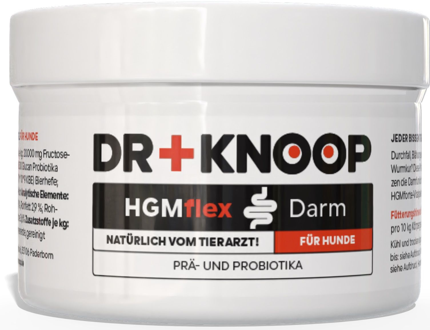 Weißes Produktglas mit schwarzer Aufschrift DR.+KNOOP, HGMflex Darm, für Hunde. Prä- und Probiotika.