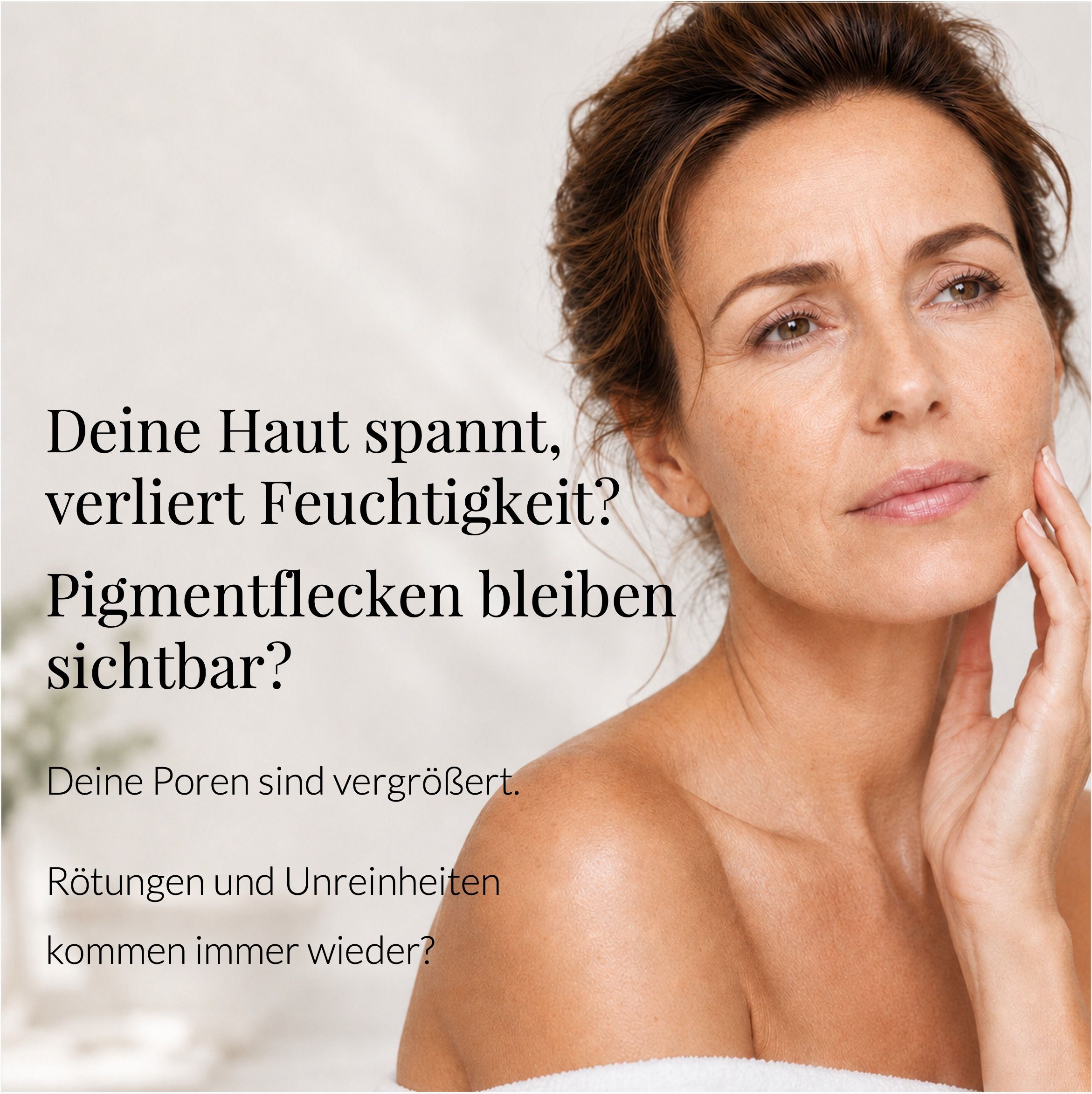 Frau mit Pflanzen: OXY8 Naturkosmetik, Haut ist Natur, regeneriert sich.
