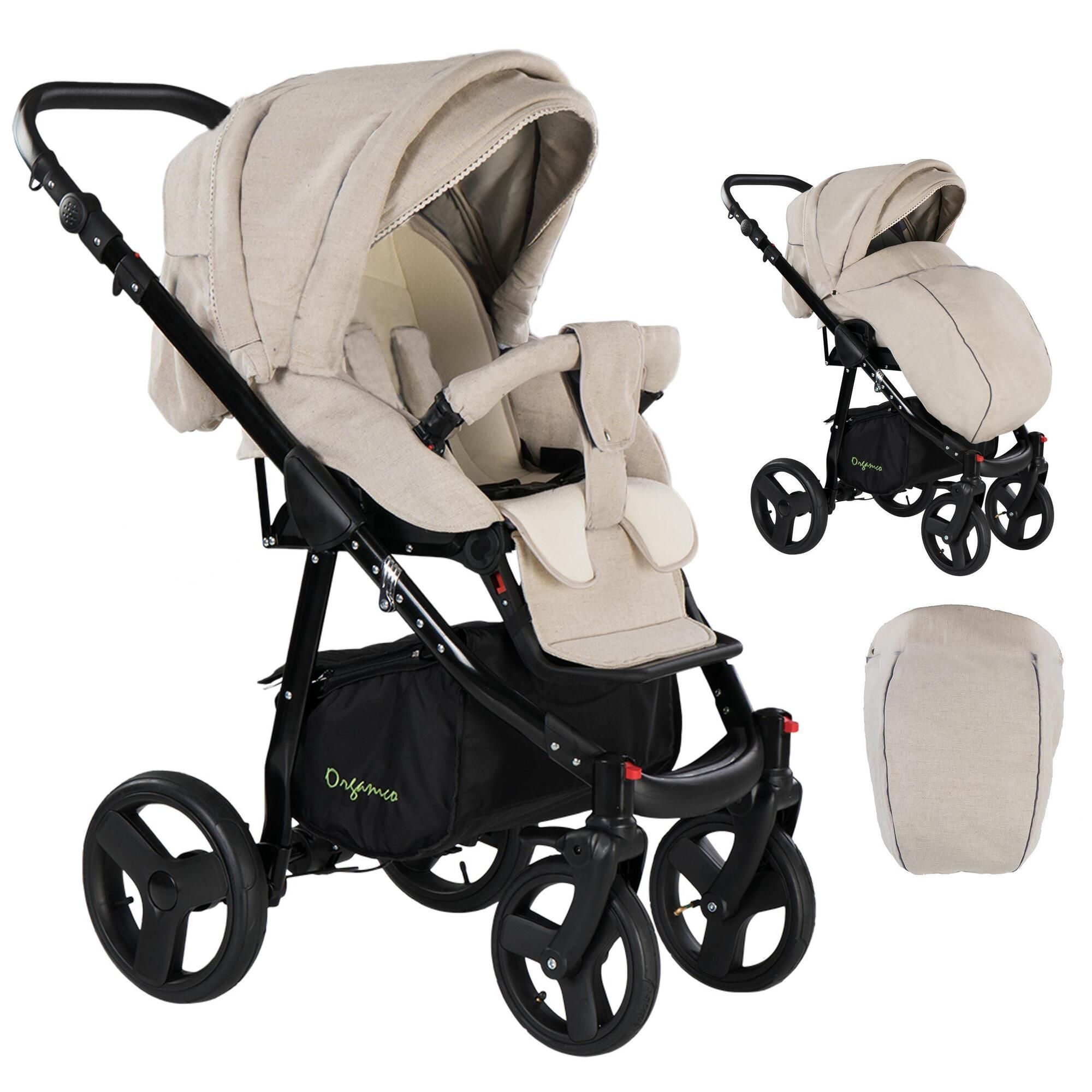 Kombikinderwagen, beige Stoff, schwarzes Gestell. Zubehör: Sitz, Verdeck. Organico-Logo. Vier Räder.