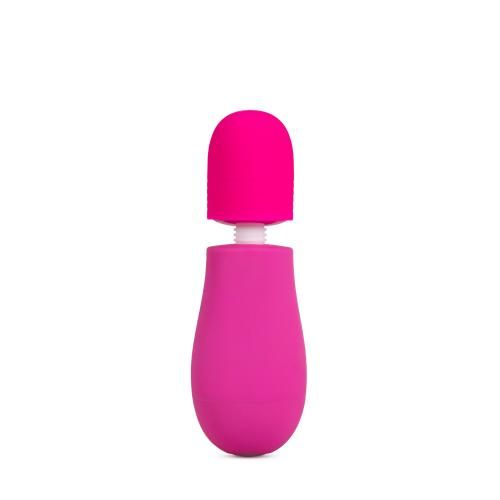 Pinkfarbener Vibrator mit abnehmbarem Aufsatz. Tropfenförmiger Körper, zylindrischer Aufsatz. Gewinde zur Befestigung.