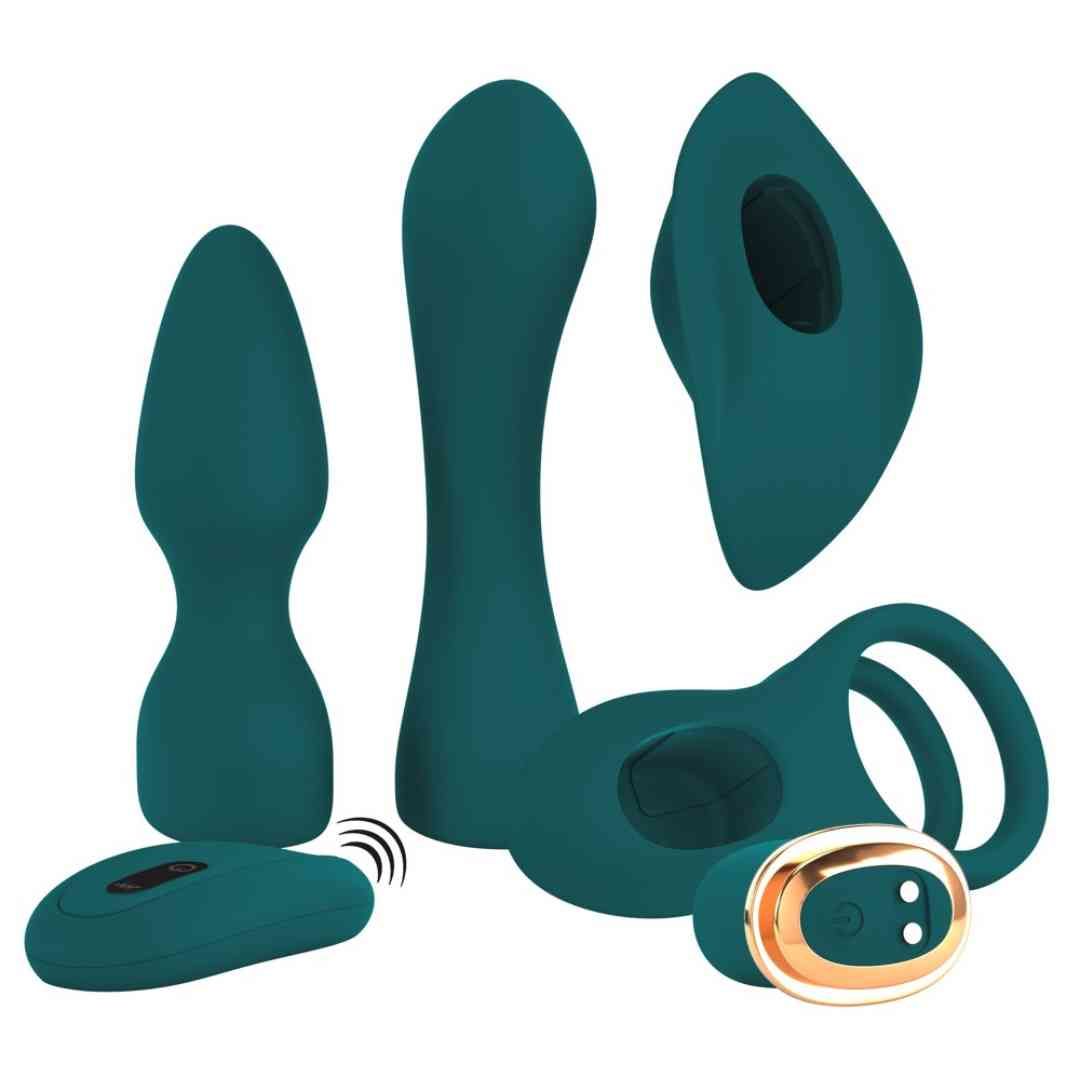 Set aus tealfarbenen Vibratoren und Fernbedienung. Enthält Ring, Aufsätze und Fernbedienung mit Symbolen.