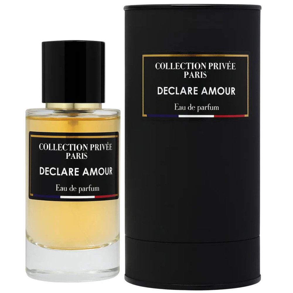 Parfümflakon und schwarze zylindrische Verpackung. Etikett mit "COLLECTION PRIVÉE PARIS DECLARE AMOUR Eau de parfum".