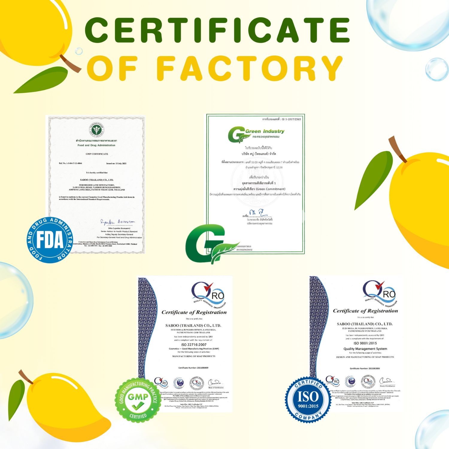Zertifikate und Logos. FDA, GMP, ISO. Text in Englisch und Thai.
