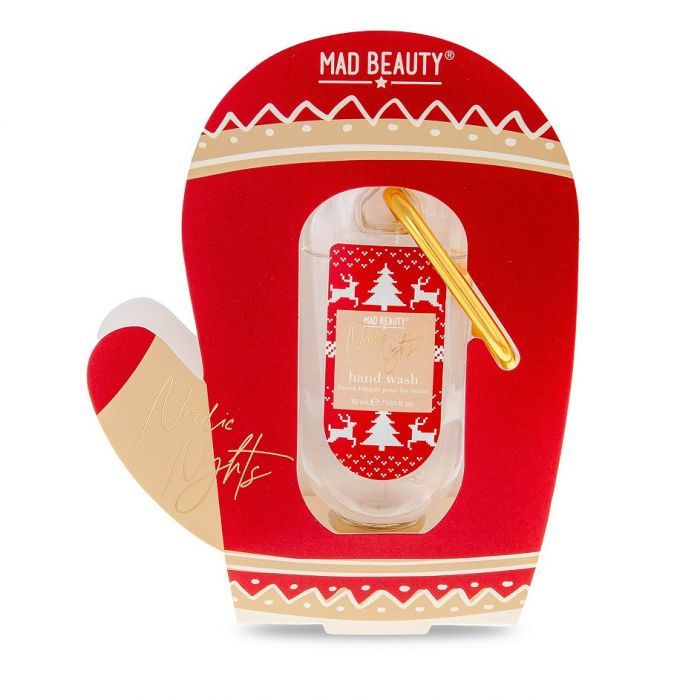 Handseife in weihnachtlicher Geschenkverpackung. Rote Handschuhform mit goldenen Akzenten. Produktetikett mit Text und weihnachtlichen Motiven.