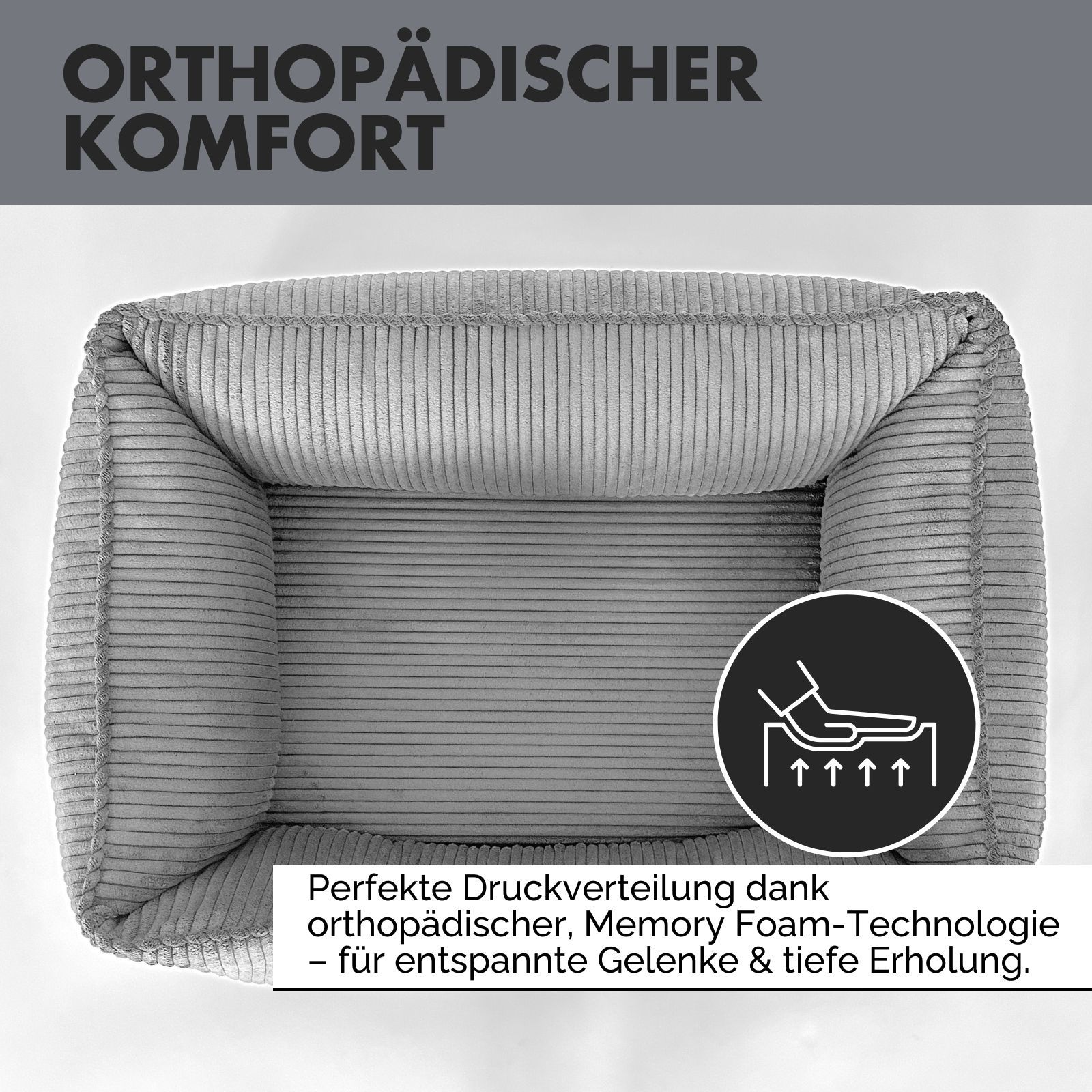 Draufsicht auf graues Hundebett. Text: Orthopädischer Komfort. Illustration: Person auf Liegefläche. Text: Memory Foam.