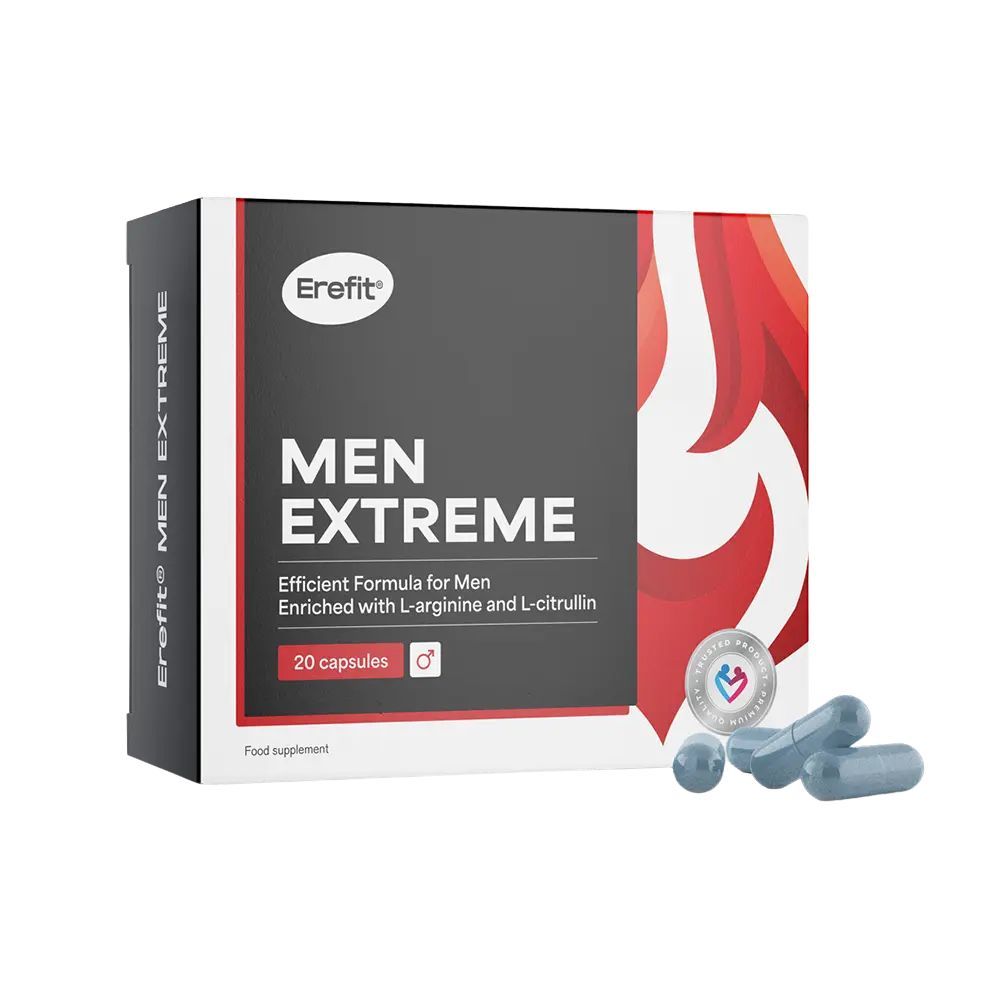 Erefit Men Extreme. Schachtel mit 20 Kapseln. Enthält L-Arginin und L-Citrullin. Für Männer.