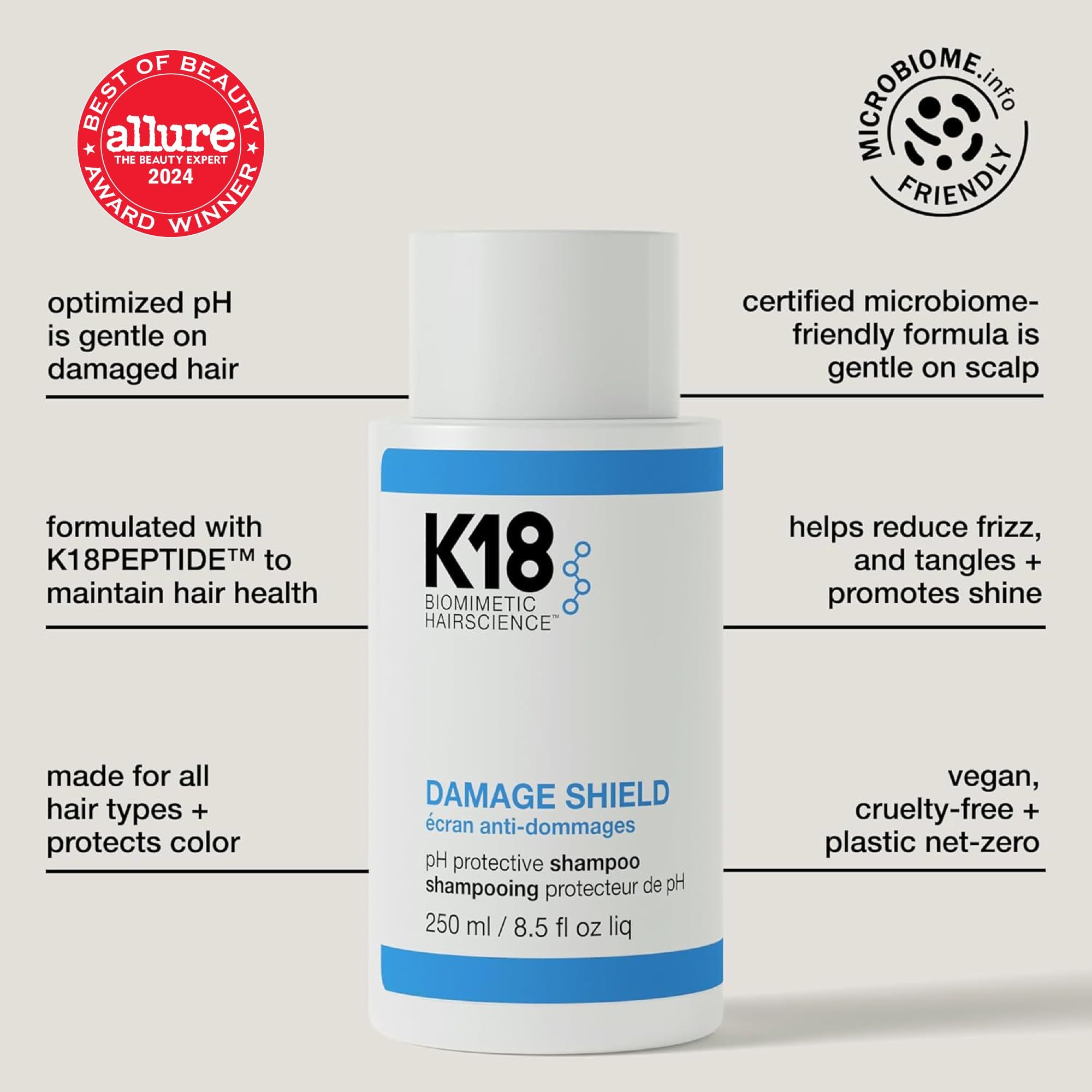 K18 Damage Shield Shampoo Flasche mit Informationen zu pH-Wert, vegan und tierversuchsfrei.