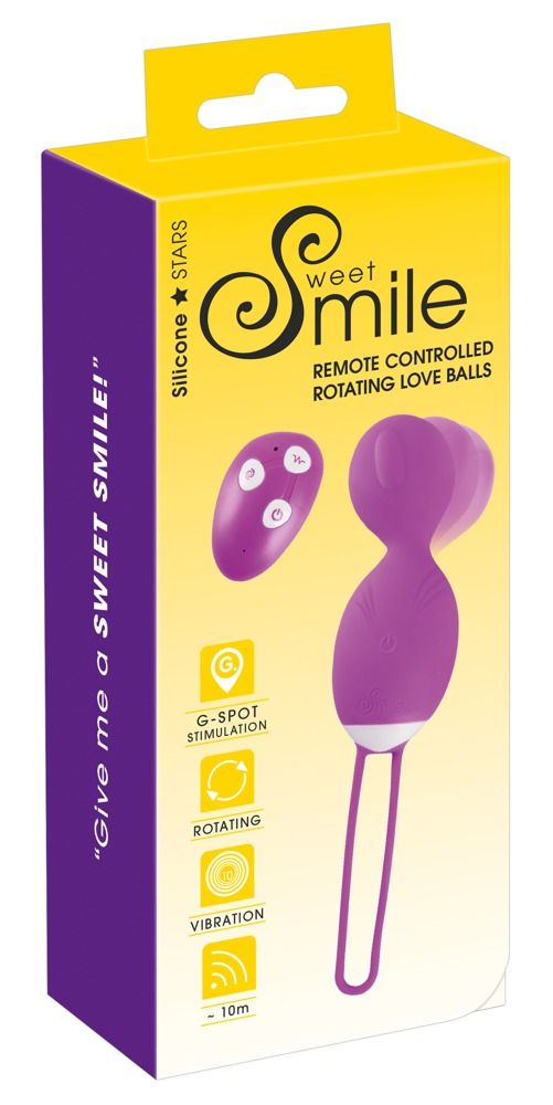Verpackung mit Produktabbildung. Lila Vibrokugel-Duo, Fernbedienung, Text: Sweet Smile, G-Punkt Stimulation, Rotation, Vibration.