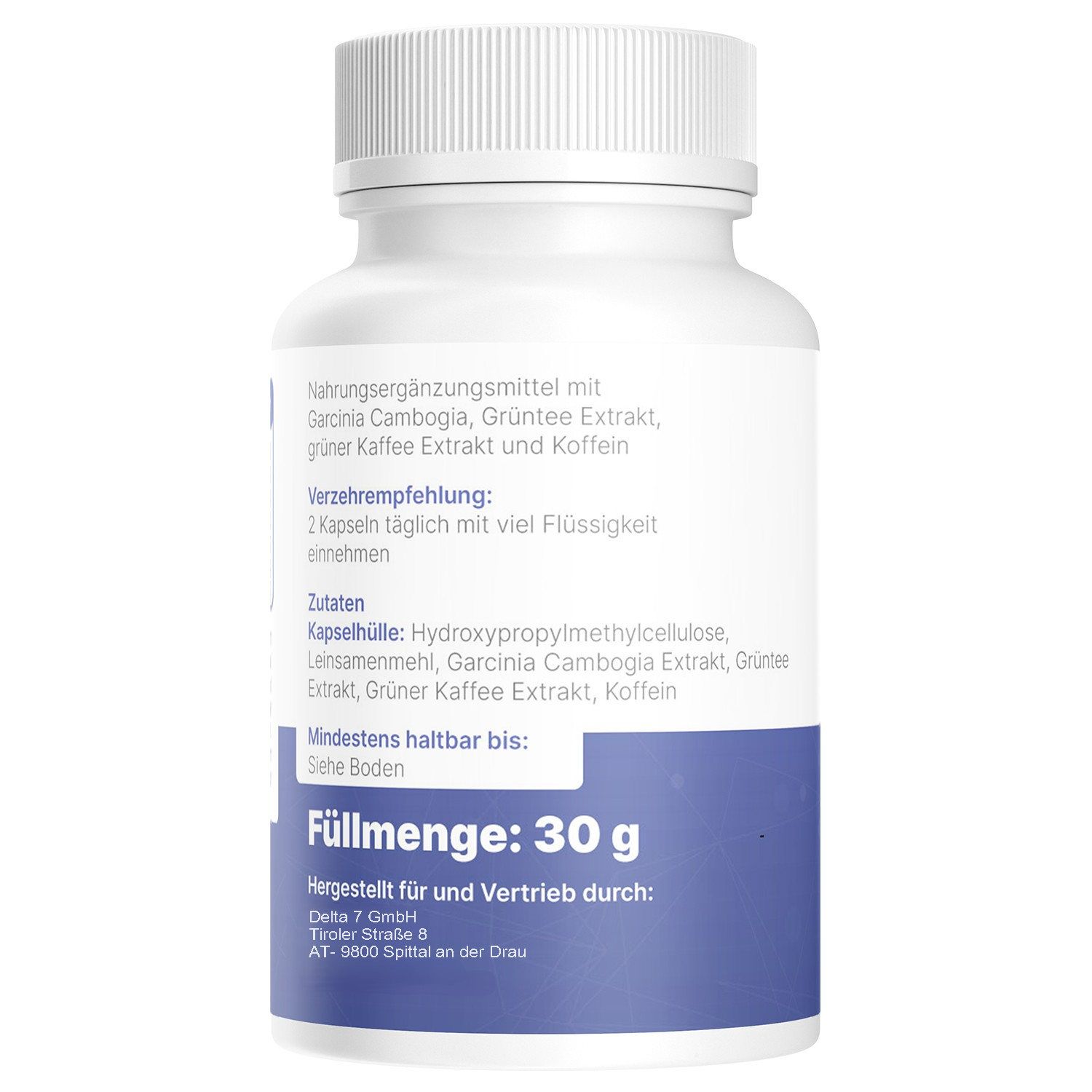 Rückseite der KETO CONTROL Flasche. Text: 30 g, Inhaltsstoffe, Verzehrempfehlung, Herstellerinformationen.