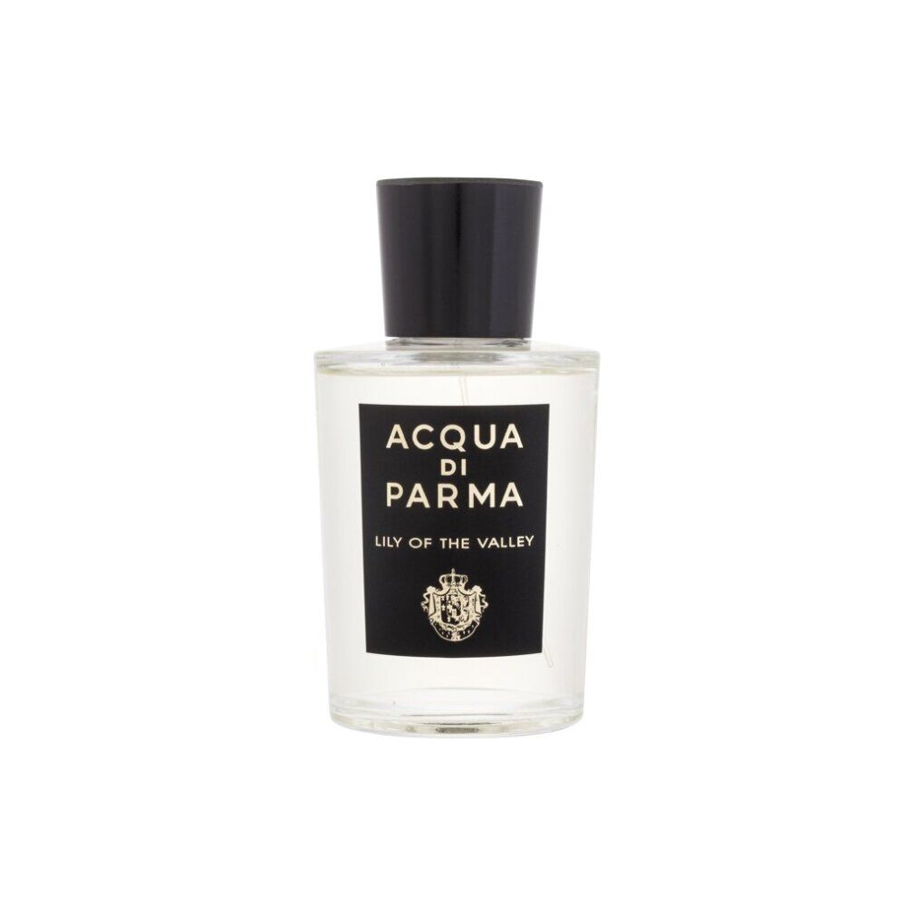Parfümflakon mit schwarzem Verschluss. Auf schwarzem Etikett: Acqua di Parma, Lily of the Valley. Goldfarbenes Logo.
