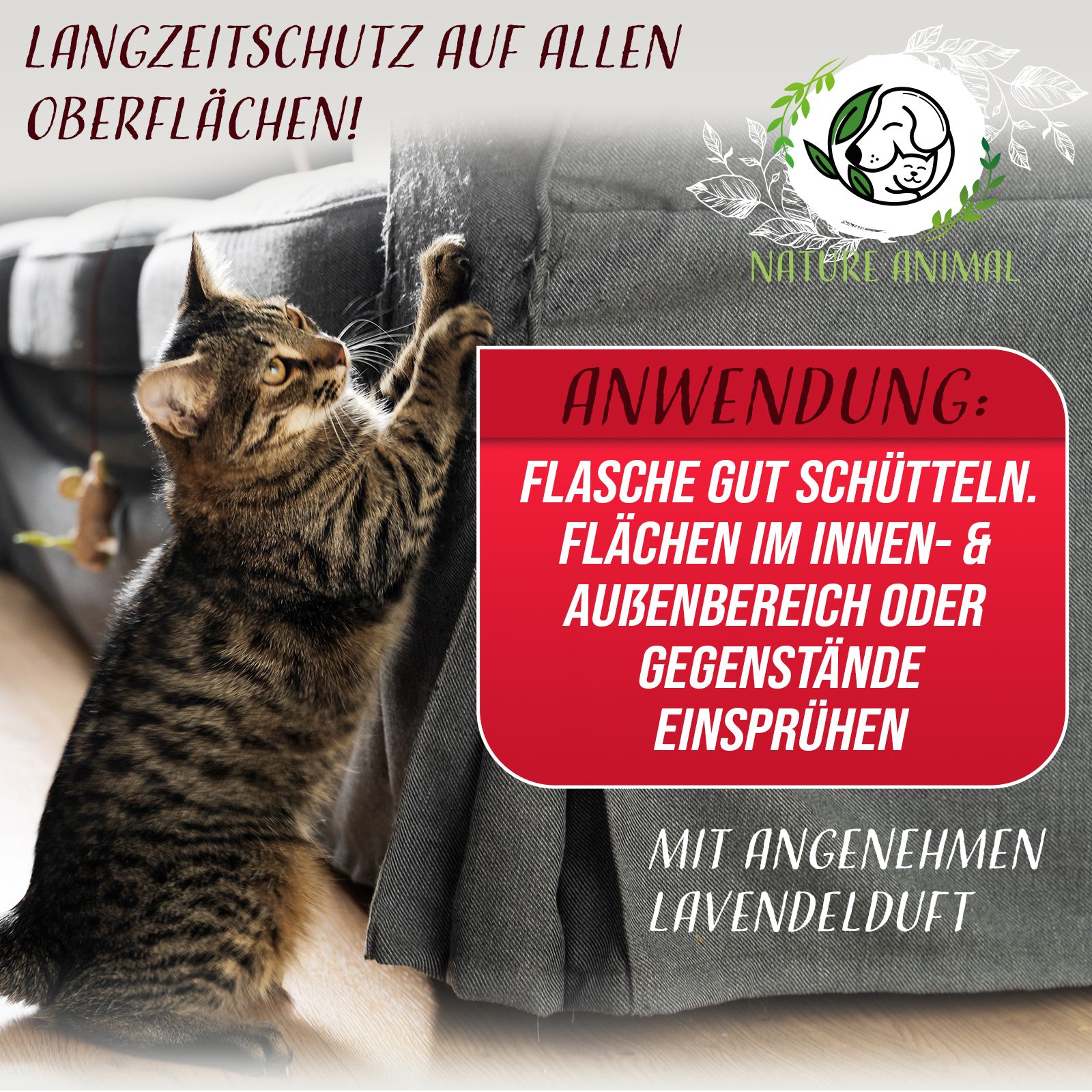 Katze kratzt an Möbeln. Text: ANWENDUNG: FLASCHE GUT SCHÜTTELN. FLÄCHEN IM INNEN- & AUBENBEREICH ODER GEGENSTÄNDE EINSPRÜHEN.