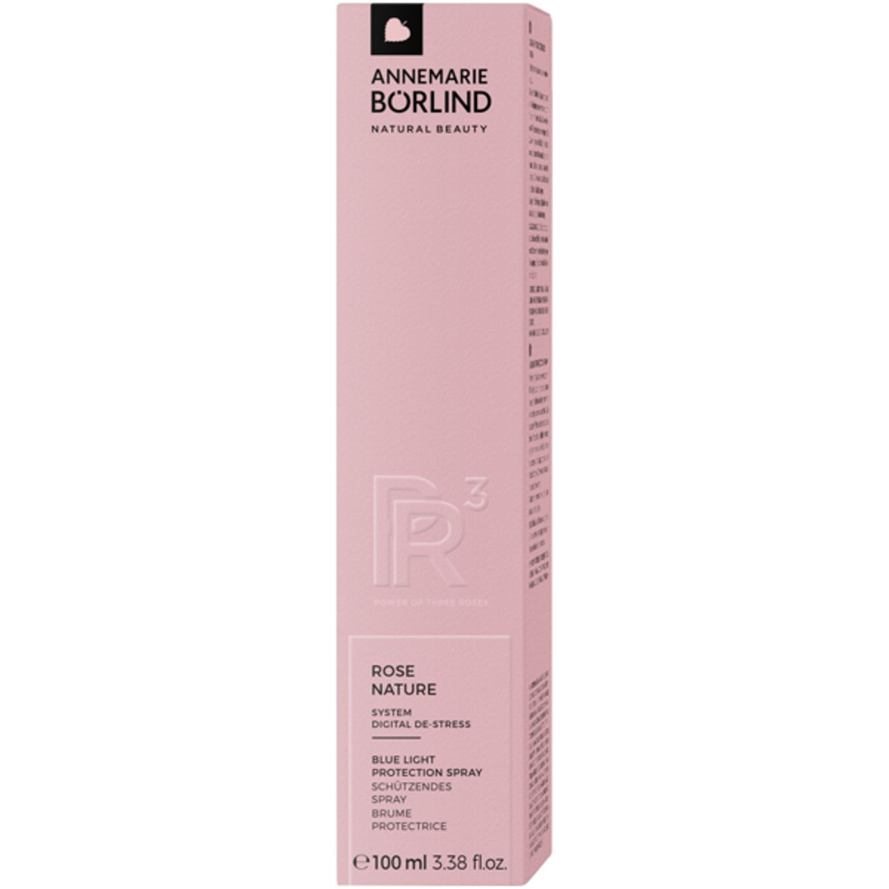 Rosa Flasche mit schwarzem Sprühkopf. Aufschrift: Annemarie Börlind, Rose Nature, Blue Light Protection Spray.