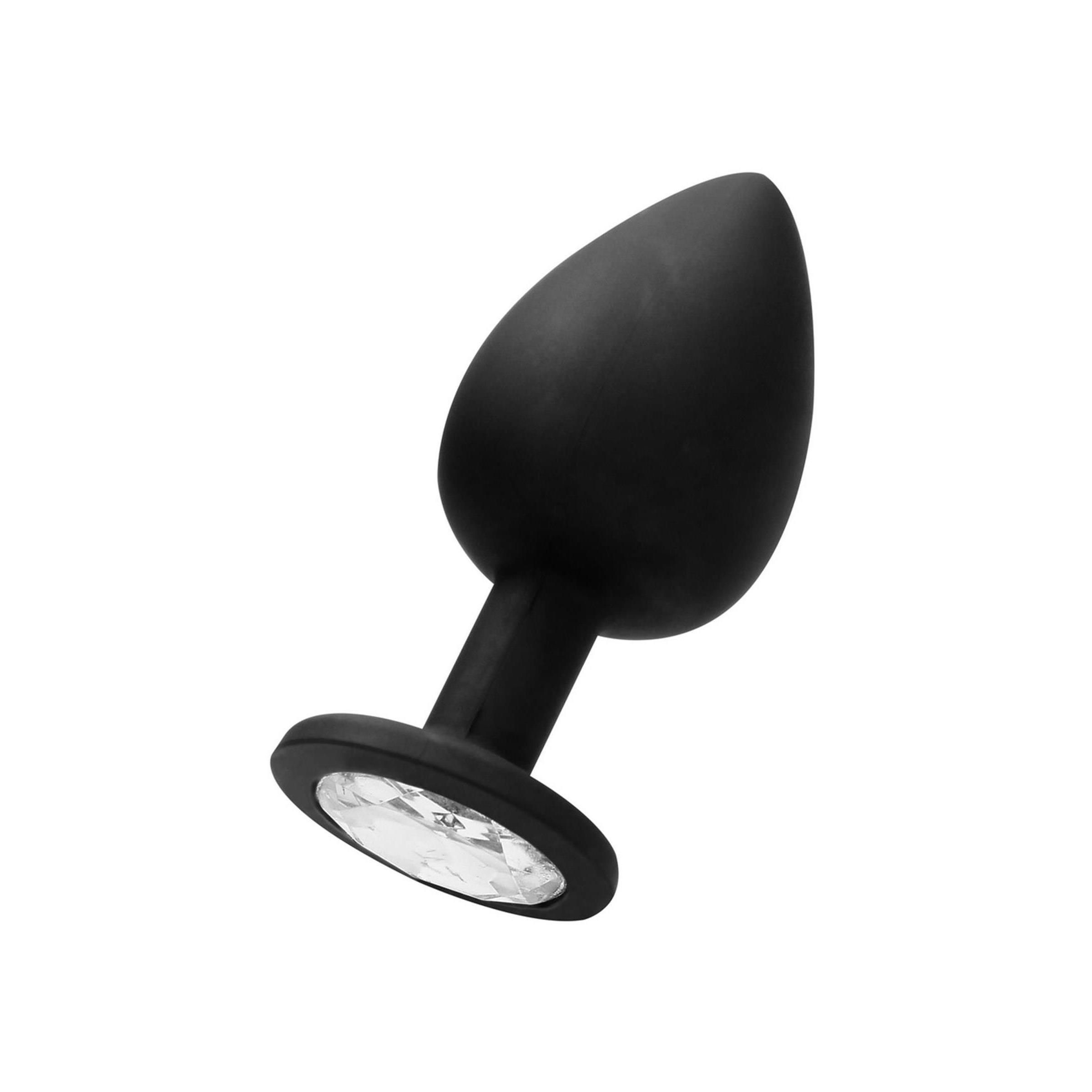 Schwarzer Butt Plug mit Tropfenform. Glatte Oberfläche, breiter Sockel. Unterseite mit hellem Einsatz.