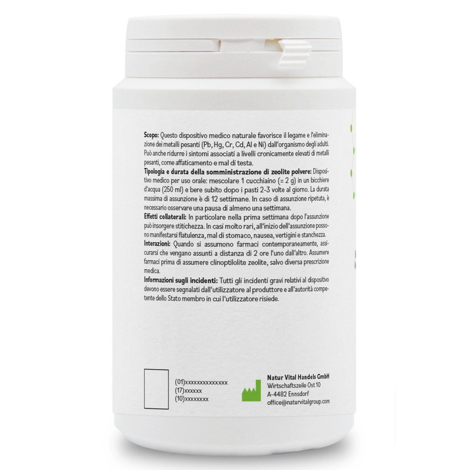 Retro del barattolo bianco "ZeolithMED". Testo in italiano. Informazioni su uso, dosaggio, effetti collaterali e avvertenze. Prodotto naturale per il fegato e l'eliminazione dei metalli pesanti.