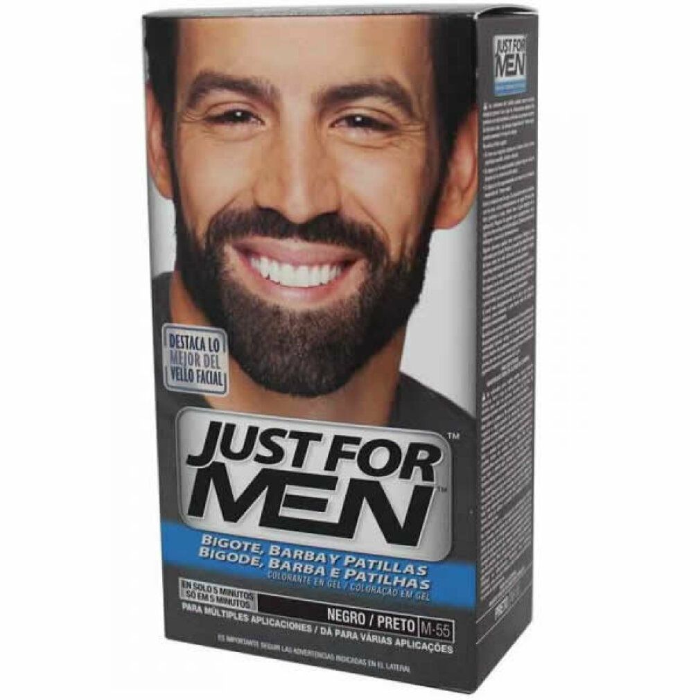 Schwarzes Bart- und Schnurrbart-Gel in einer Schachtel. Aufdruck: JUST FOR MEN. Abbildung eines Mannes mit Bart.
