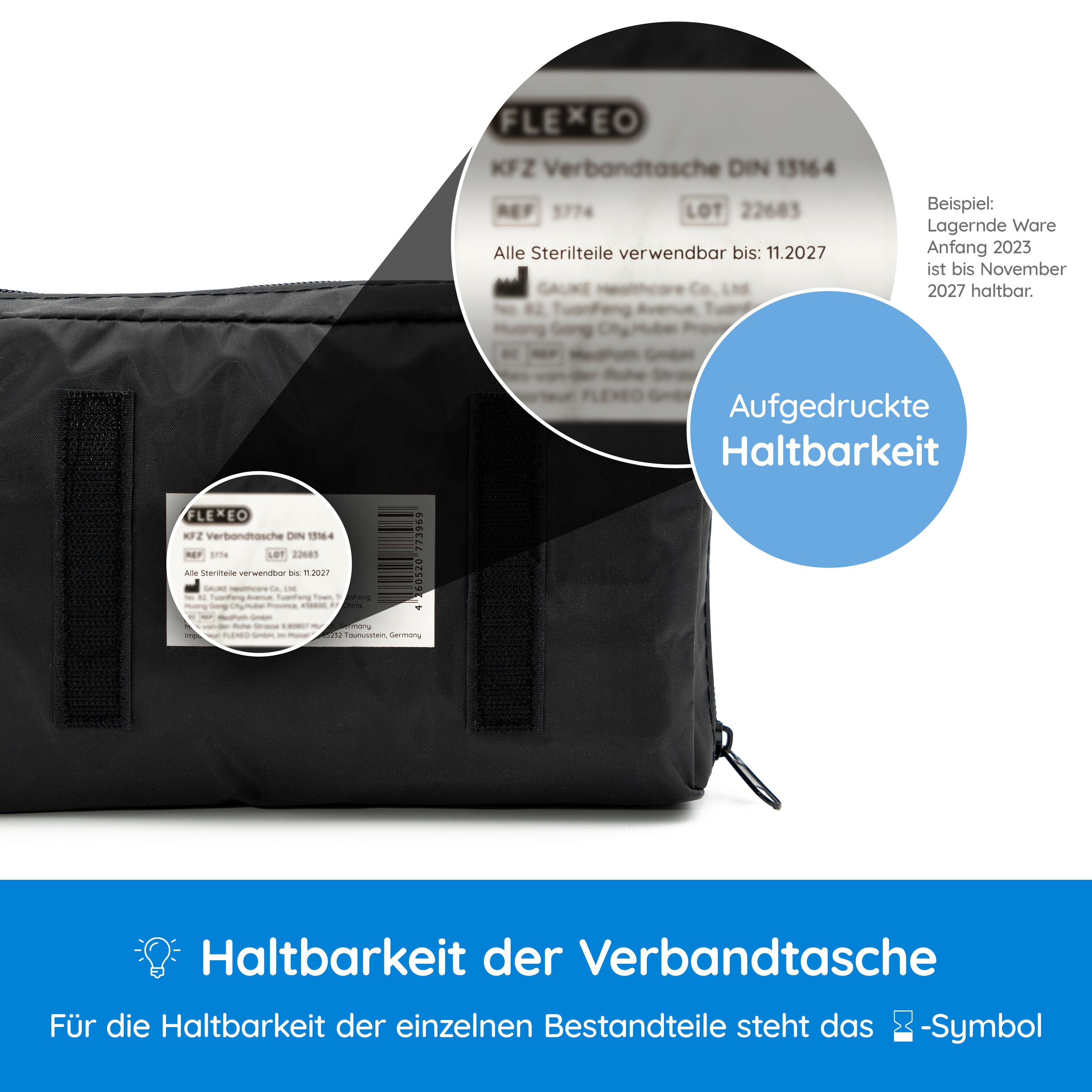 Schwarze KFZ-Verbandtasche mit Etikett. Detailansicht des Etiketts mit Produktinformationen und Haltbarkeitsdatum. Text: FLEXEO, KFZ Verbandtasche DIN 13164.