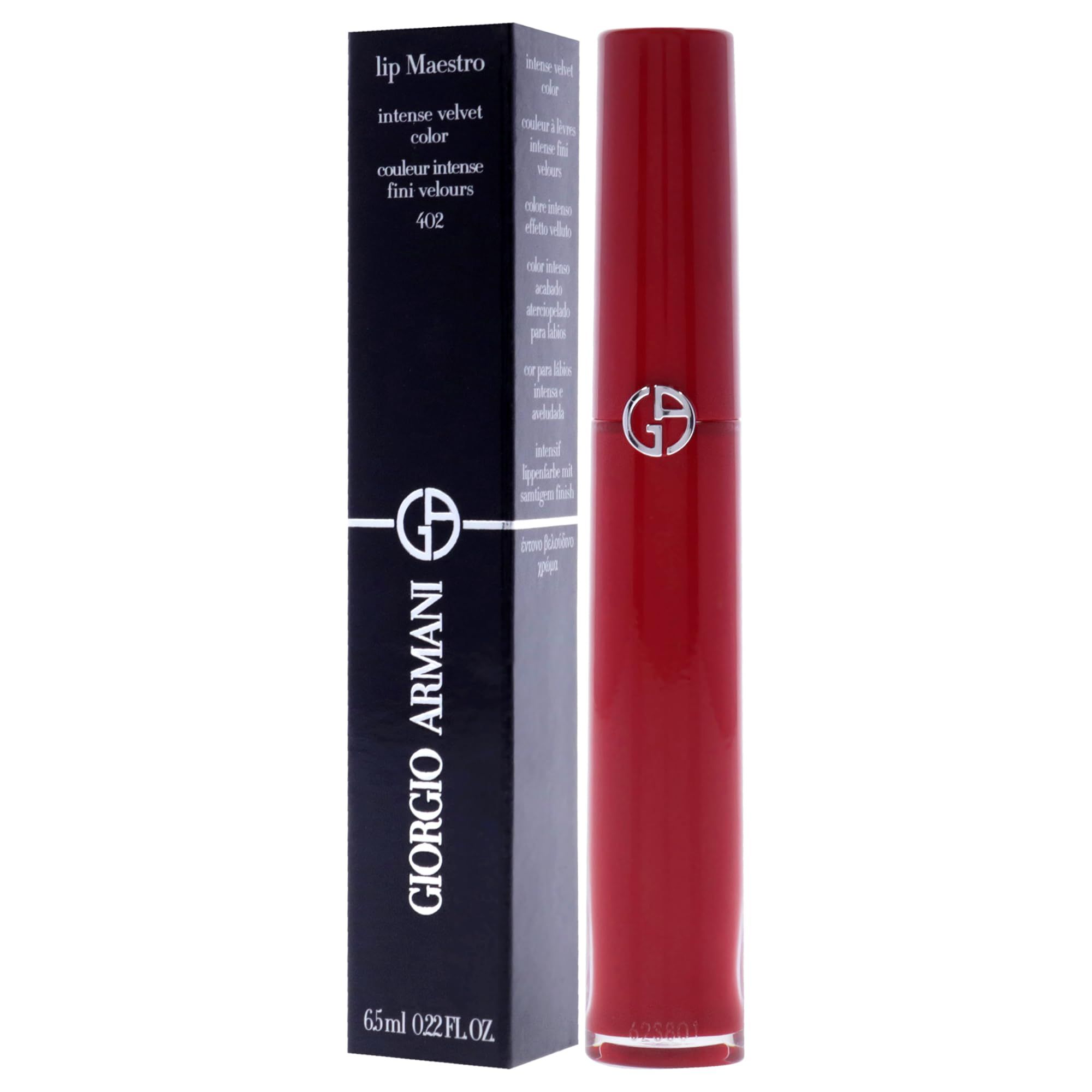 Roter Lippenstift und schwarze Verpackung. Auf der Verpackung steht "Giorgio Armani" und "lip maestro intense velvet color".