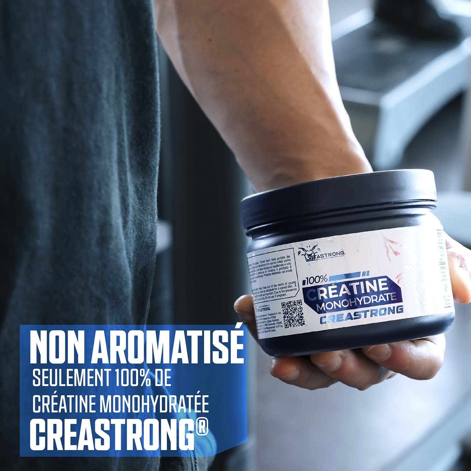 Pot Vitastrong Creatin Creastrong. Texte: Non aromatisé. Seulement 100% Créatine Monohydratée Creastrong.