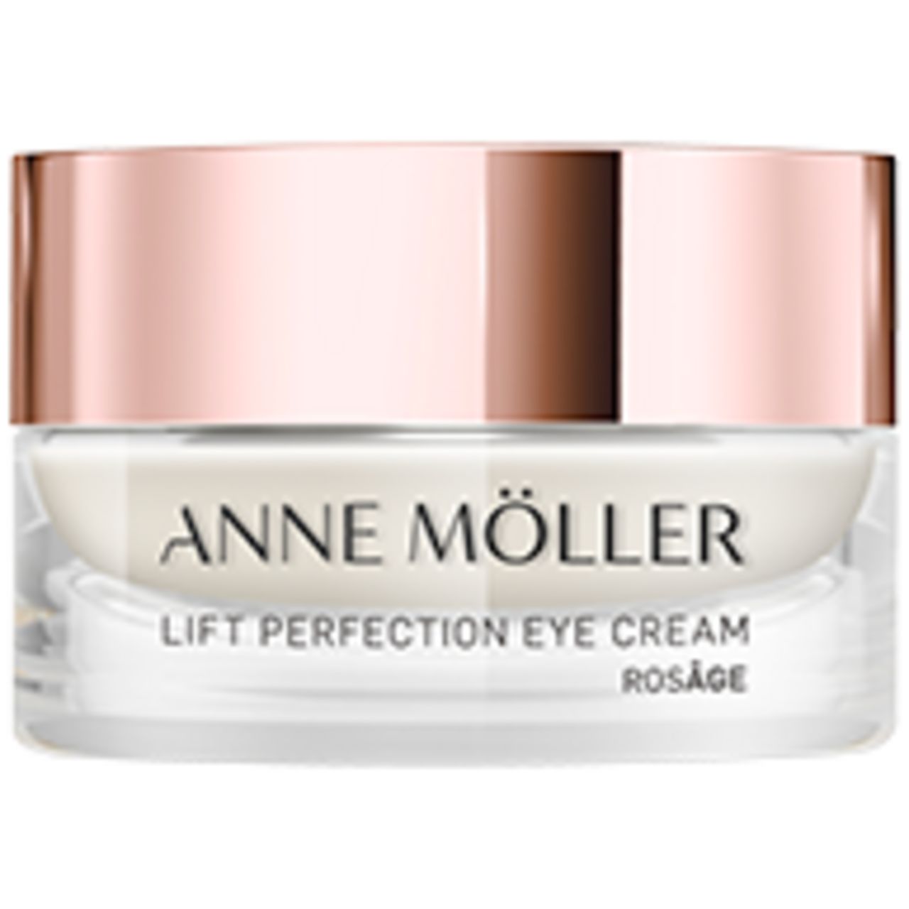 Anne Möller Lift Perfection Eye Cream Rosâge in Glasbehälter mit roségoldfarbenem Deckel.