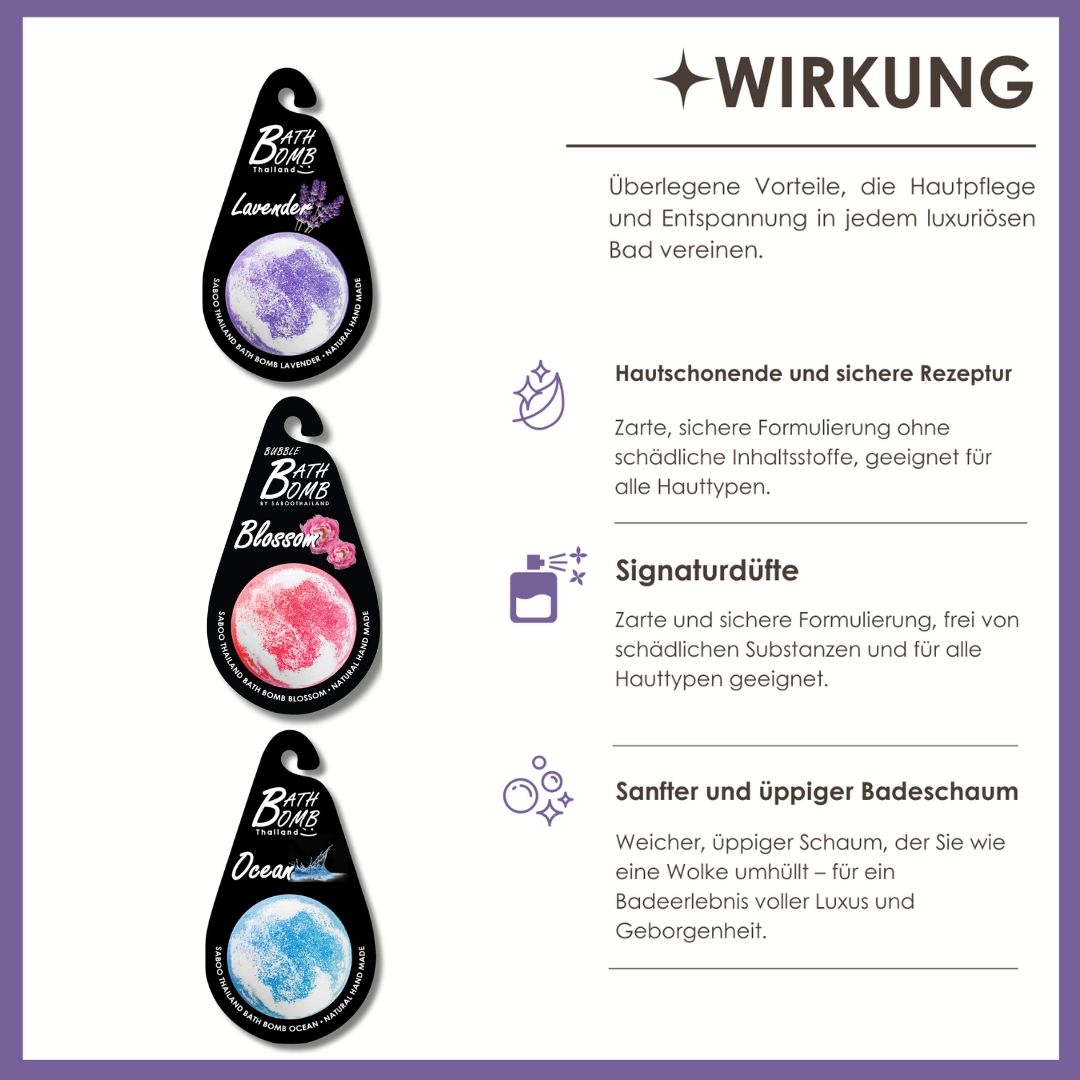 Infografik mit drei Badebomben. Text: Wirkung, Hautschonend, Signaturdüfte, Sanfter Badeschaum. Icons.