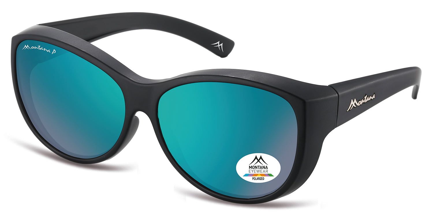 Schwarze Sonnen-Überbrille mit blau verspiegelten Gläsern. Montana Eyewear Logo auf dem Bügel und Glas. Polarisations-Aufkleber.