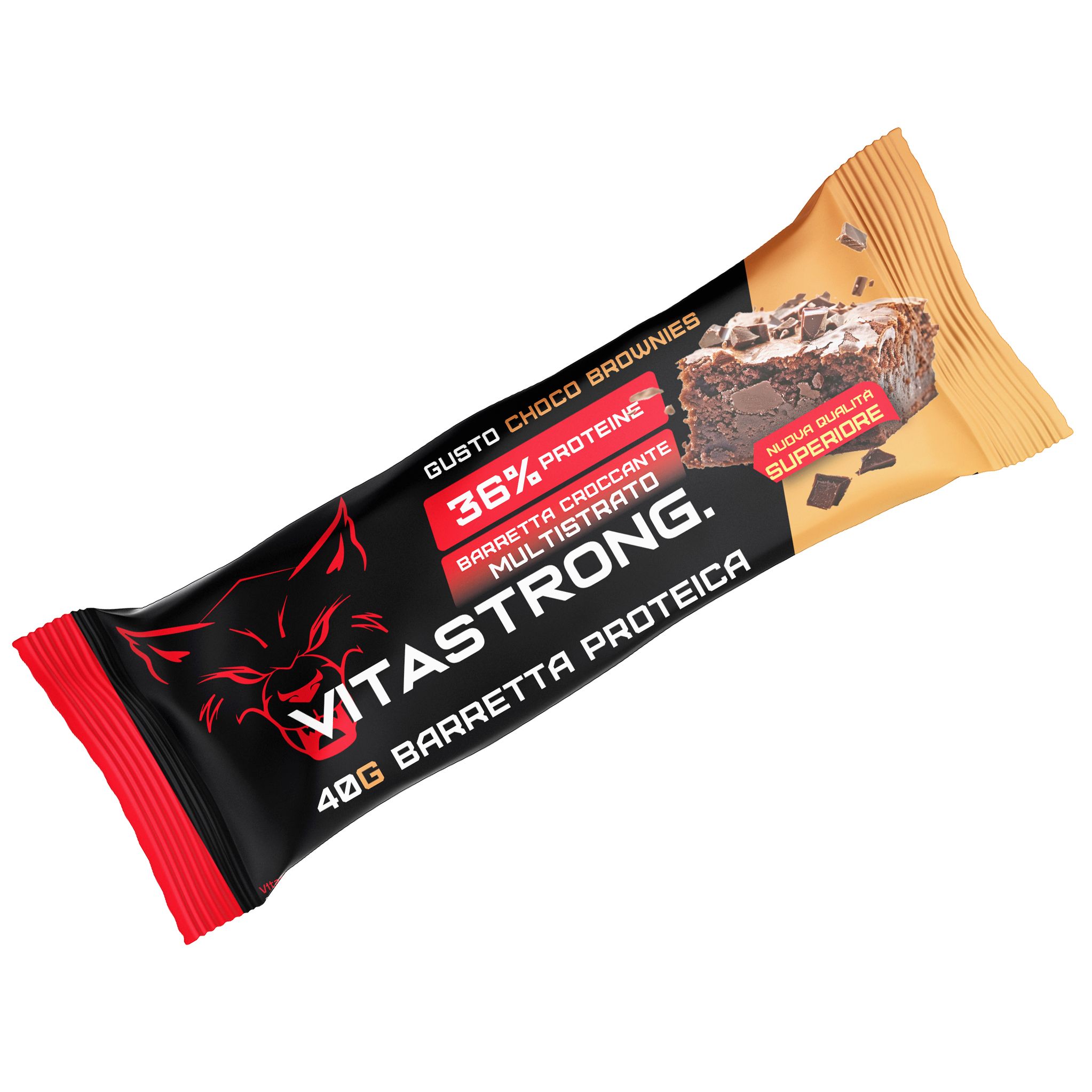 Proteinriegel mit Schoko-Brownie-Geschmack. Schwarze Verpackung mit rotem Akzent und Logo. 36% Protein, 40g Bar.