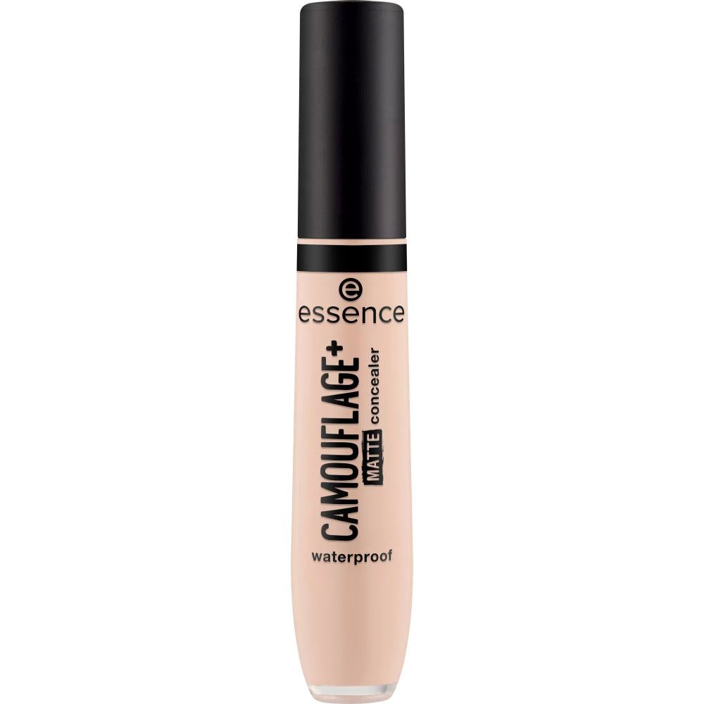 Essence Camouflage Matt Concealer. Beige Tube mit schwarzem Deckel. Schriftzug: CAMOUFLAGE+ MATTE concealer waterproof.